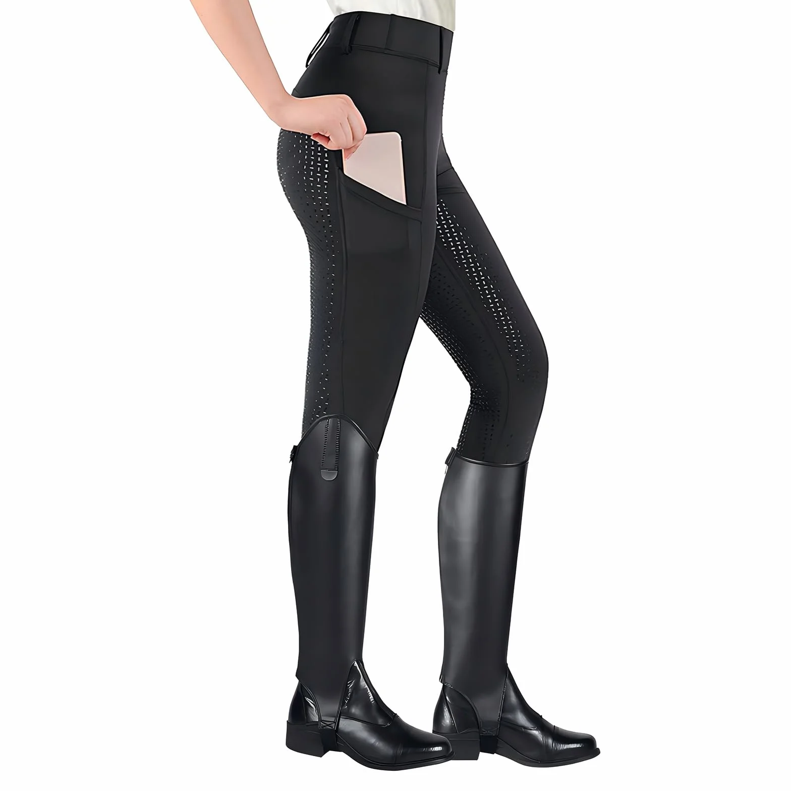 HOTUT Damskie spodnie jeździeckie, damskie legginsy jeździeckie, damskie majtki do jazdy konnej z silikonowym dnem, wysoka talia, damskie spodnie jeździeckie z kieszenią i szlufkami na pasek