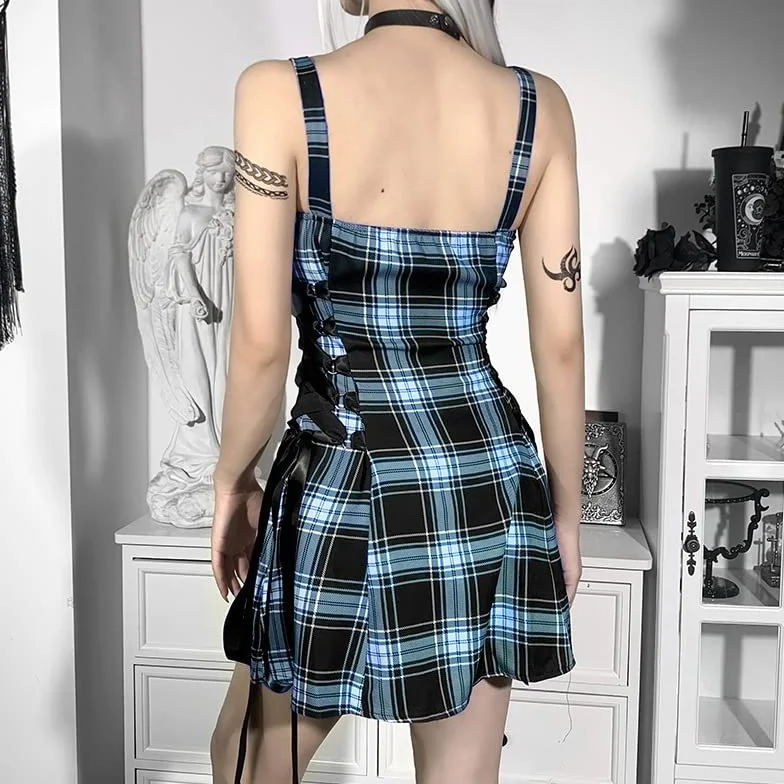 Letnie sukienki o linii A dla kobiet Halter Gothic Zipper Plaid Grunge Punk Sukienka Mini Sexy Fit Y2K Streetwear