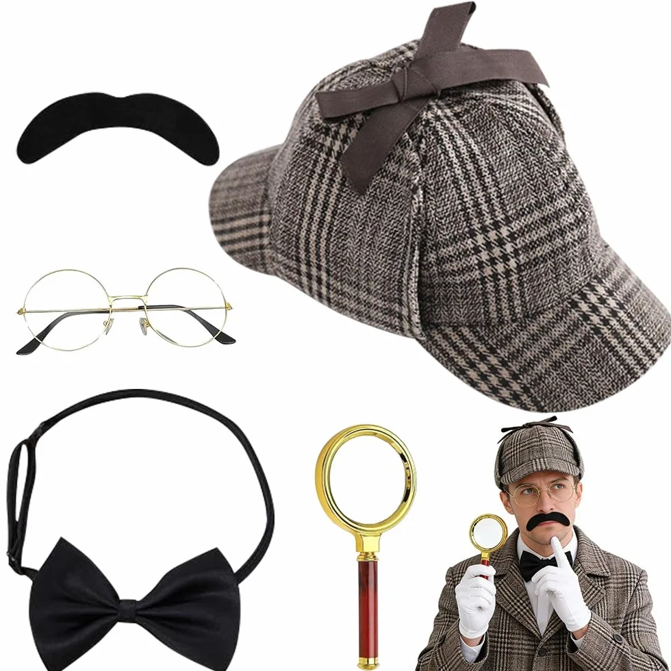 Zestaw akcesoriów do kostiumu detektywa, 5 sztuk, kostium Sherlocka Holmesa, rekwizyty do cosplay detektywa, z kapeluszem detektywistycznym, metalowymi okularami, lupą, muszką męską, brodą, dla