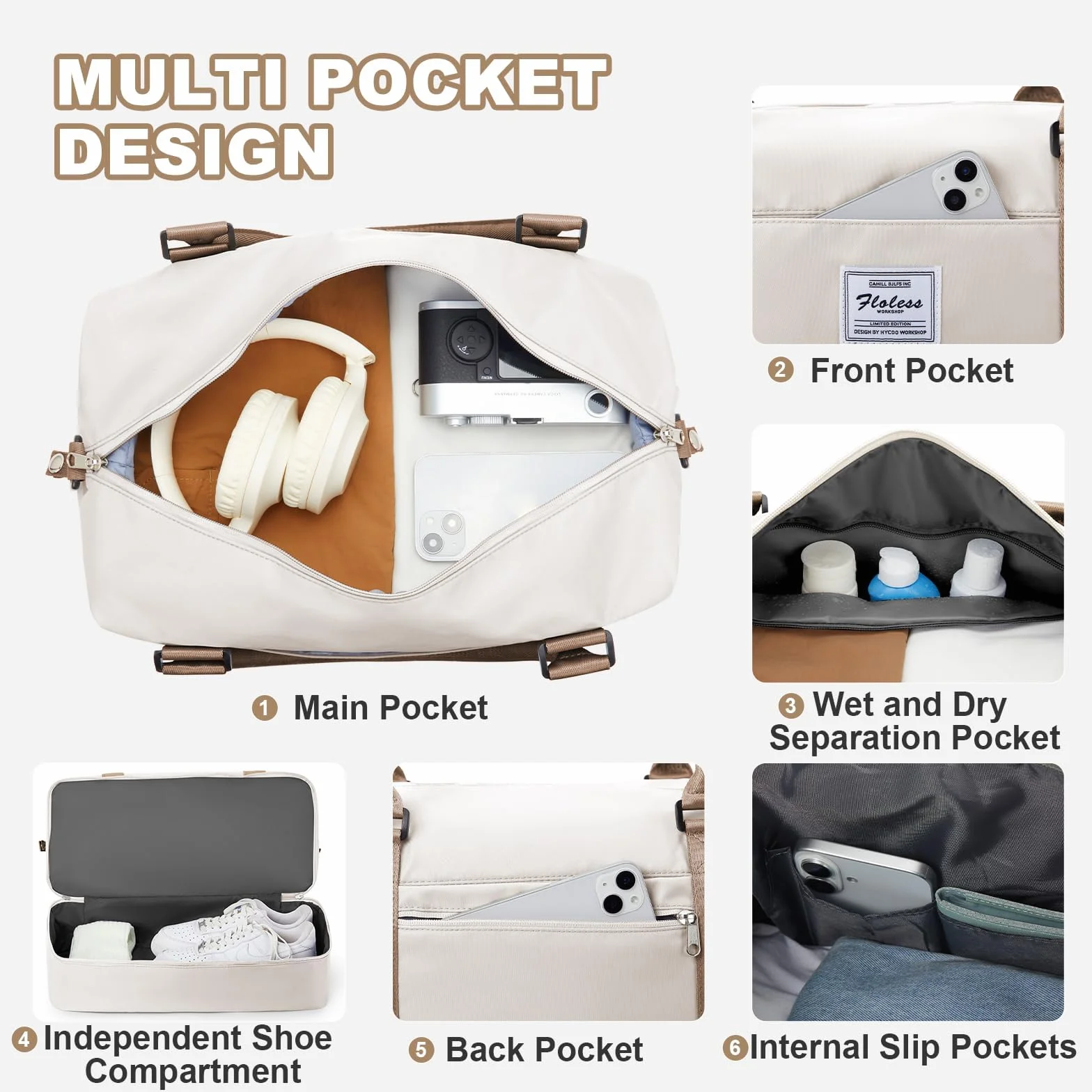Torba Podróżna Damska 45x36x20 pour Easyjet Bagaż Podręczny Torba Kabinowa Torebka Weekendowa Sportowa dla Kobiet Meska z Przegródką na Buty Wasserdicht Torebka Treningowa,A01-Beżowy z Brązowym