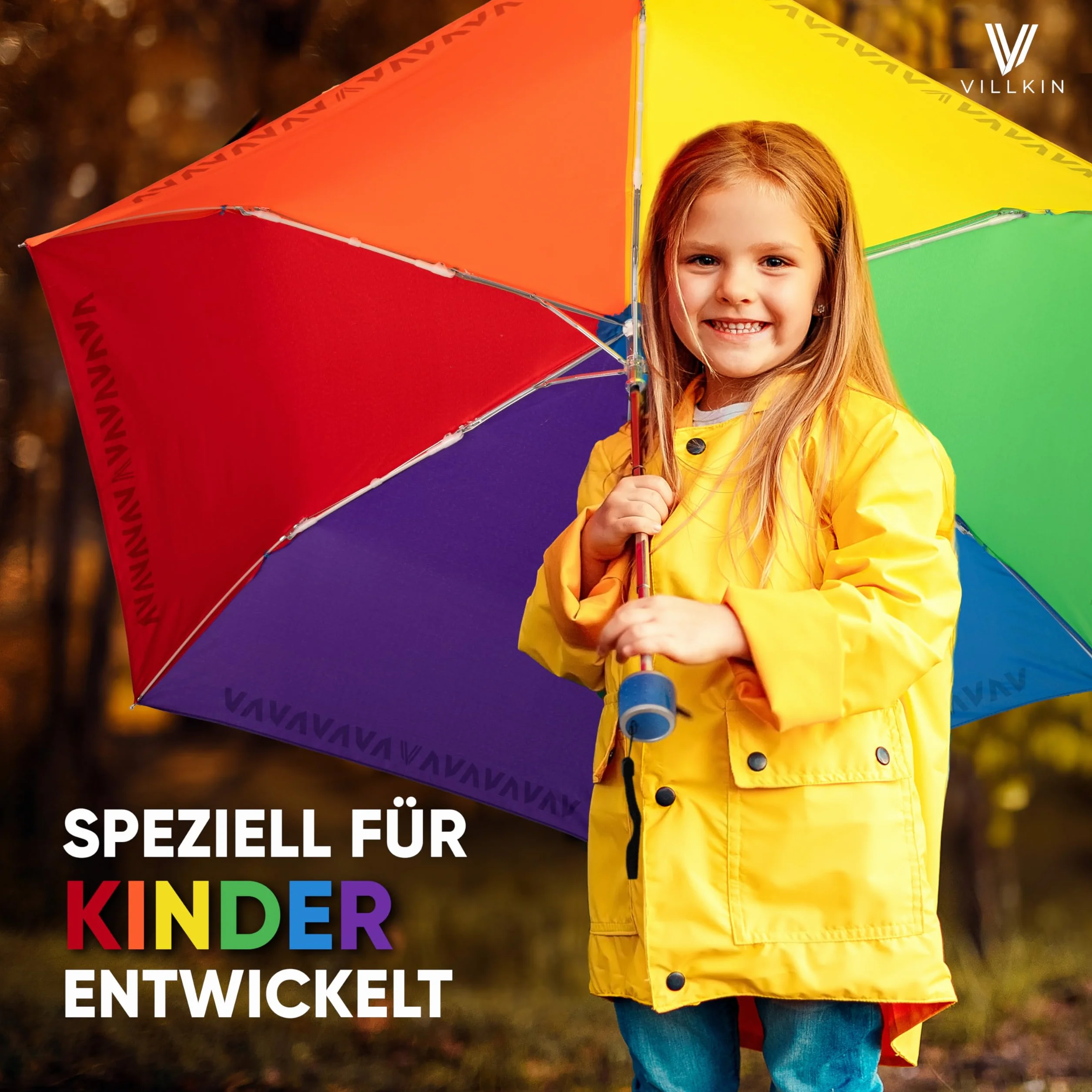Villkin Parasol dla dzieci z paskami odblaskowymi – kolorowy i lekki parasol kieszonkowy dla dzieci o rozpiętości 97 cm – odporny na burzę parasol dla chłopców i dziewczynek