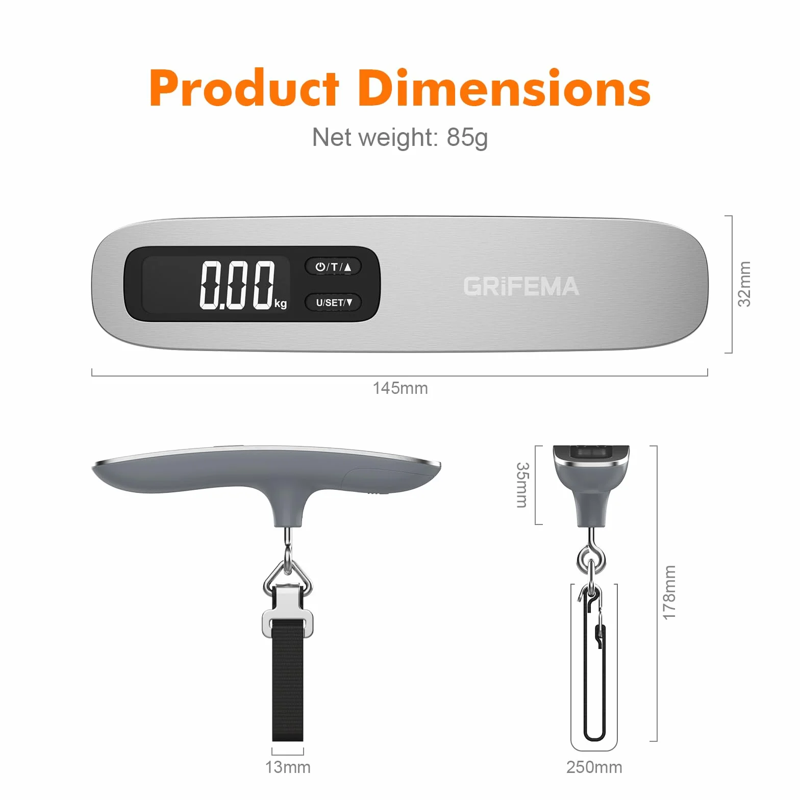 GRIFEMA GA2006 Cyfrowa waga bagażowa, 50 kg, dokładność 50 g, wyświetlacz LCD z podświetleniem, funkcja tarowania, kompaktowa i przenośna konstrukcja, do podróży i wysyłki