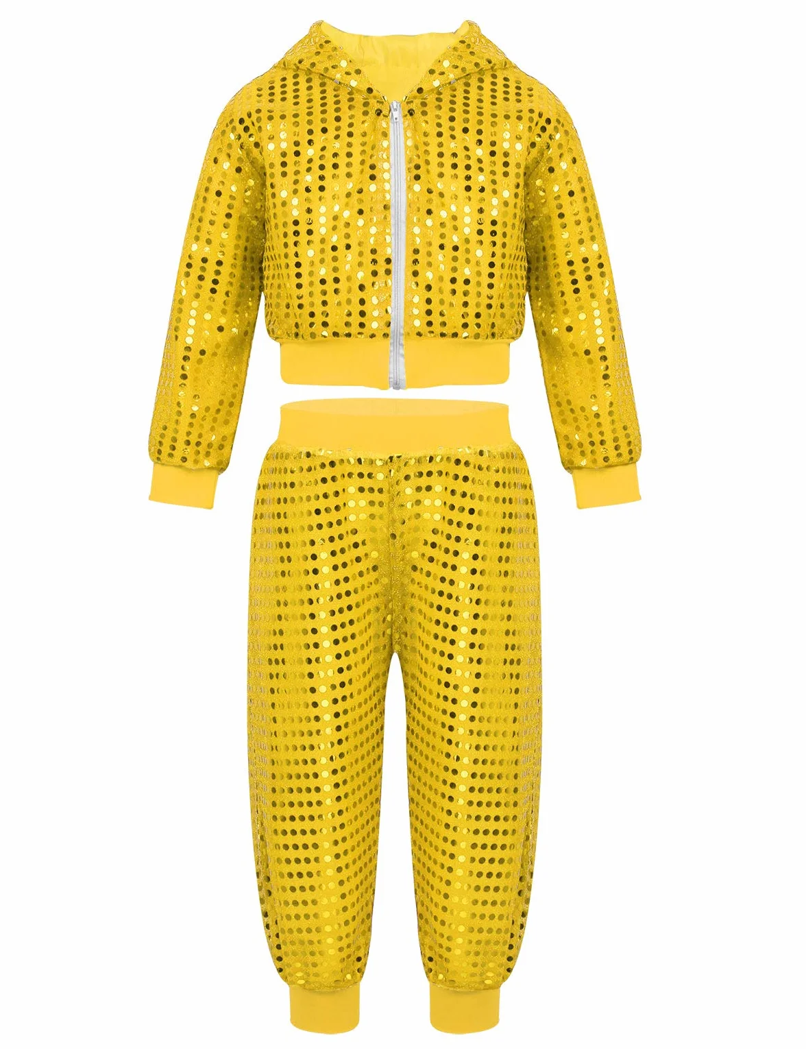 TiaoBug Dziecięca bluza z kapturem, kurtka i spodnie, błyszczące cekiny, dres sportowy, dres treningowy z podszewką, hip hop, jazz, do tańca, zestaw odzieży, kostium karnawałowy