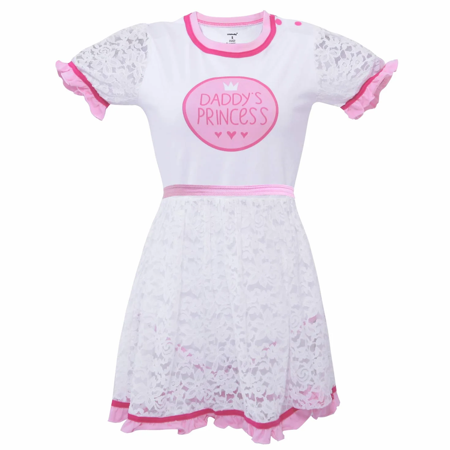 LittleForBig Dorośli Baby miłośnik pieluszek (ABDL) zatrzas w komkroku jednoczęściowy śpioszki-Daddy's Princess Koronkowa sukienka