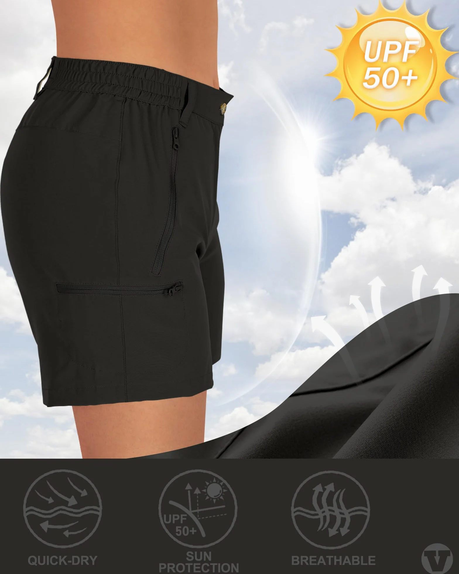 Outdoor Ventures Krótkie spodenki damskie UPF50+, ochrona przed promieniowaniem UV, krótkie spodenki trekkingowe, elastyczne, szybkoschnące, do wędrówek