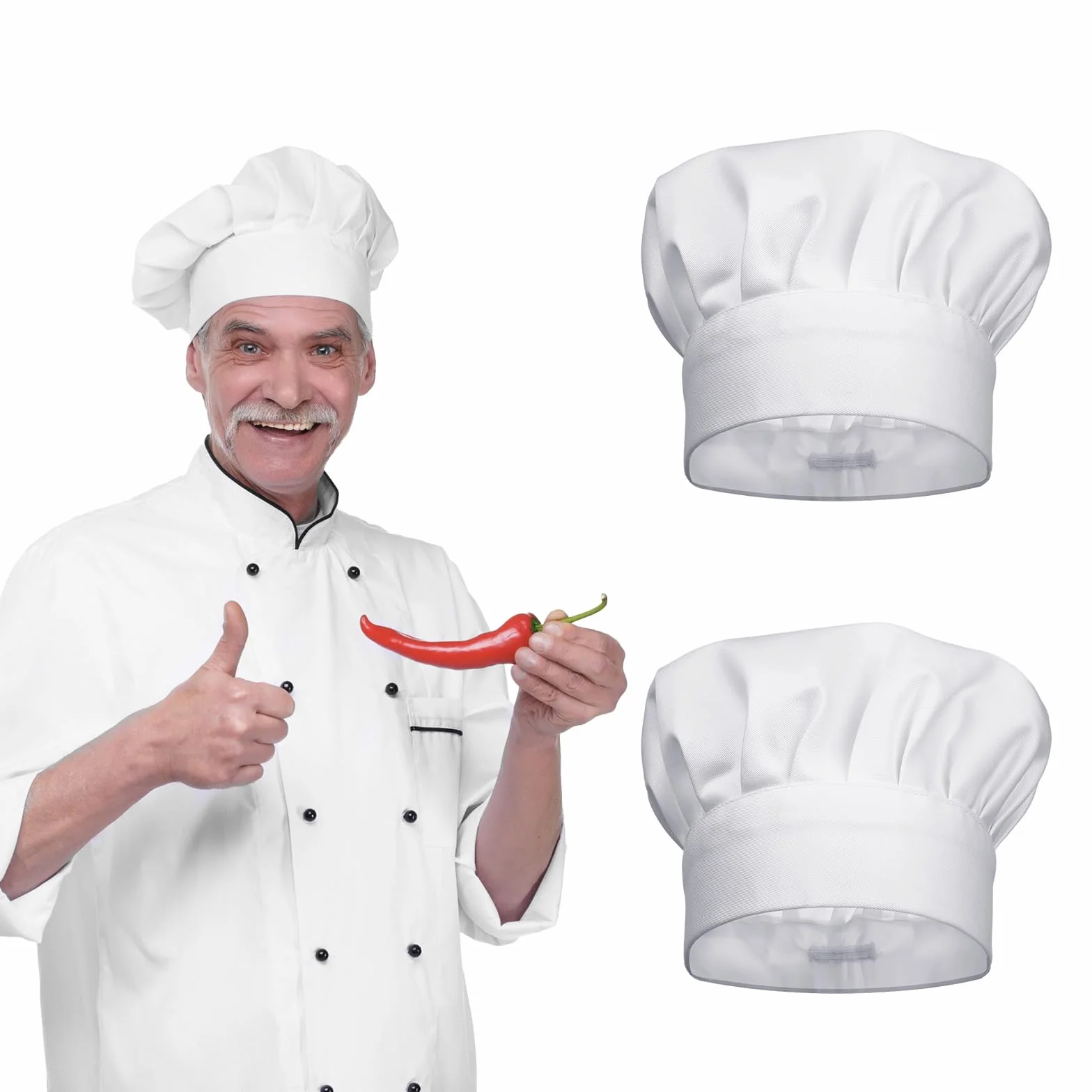 Czapka kucharska, biała, 2 sztuki, męska czapka kucharska, czapka kucharska, dla kobiet i dorosłych, uniseks, regulowana czapka kucharska, bawełniana czapka kucharska, profesjonalna czapka