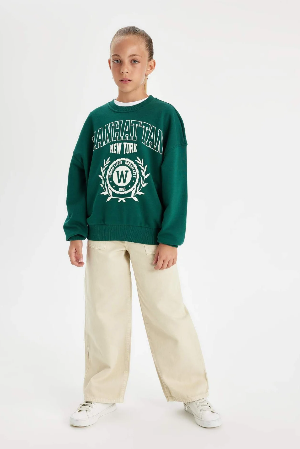 DeFacto Girl Regular Fit bluza z długim rękawem, dziergana bluza z kapturem dla dziewczynek (D.Green, 5/6 Y), zielony, 5-6 lat