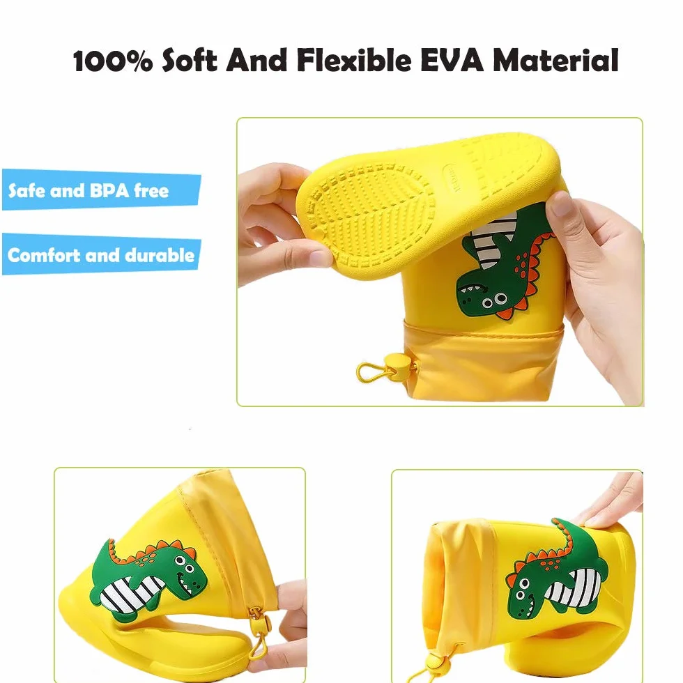 Dinozaur buty przeciwdeszczowe z zamknięciem sznurkowym dla dzieci chłopca i dziewczynki, wodoodporne antypoślizgowe unisex dzieci kalosze Wellington gumowe buty przeciwdeszczowe outdoorowe
