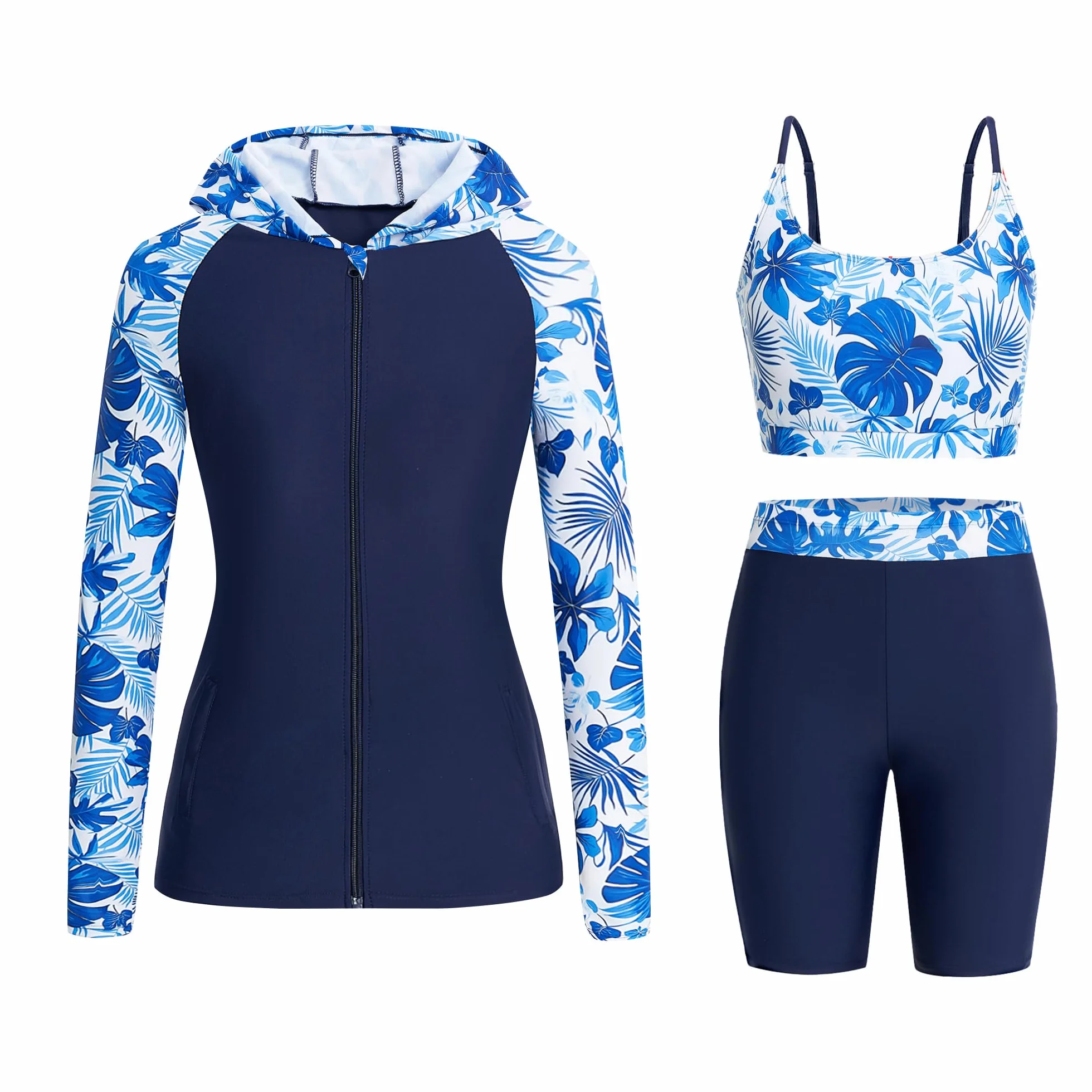 Owntop Damski 3-częściowy zestaw Rash Guard | UPF50+ stroje kąpielowe z kapturem koszulka UV | koszulka z długim rękawem z zamkiem błyskawicznym Rashguard Shirts & Bikini Top i szorty z wysokim stanem