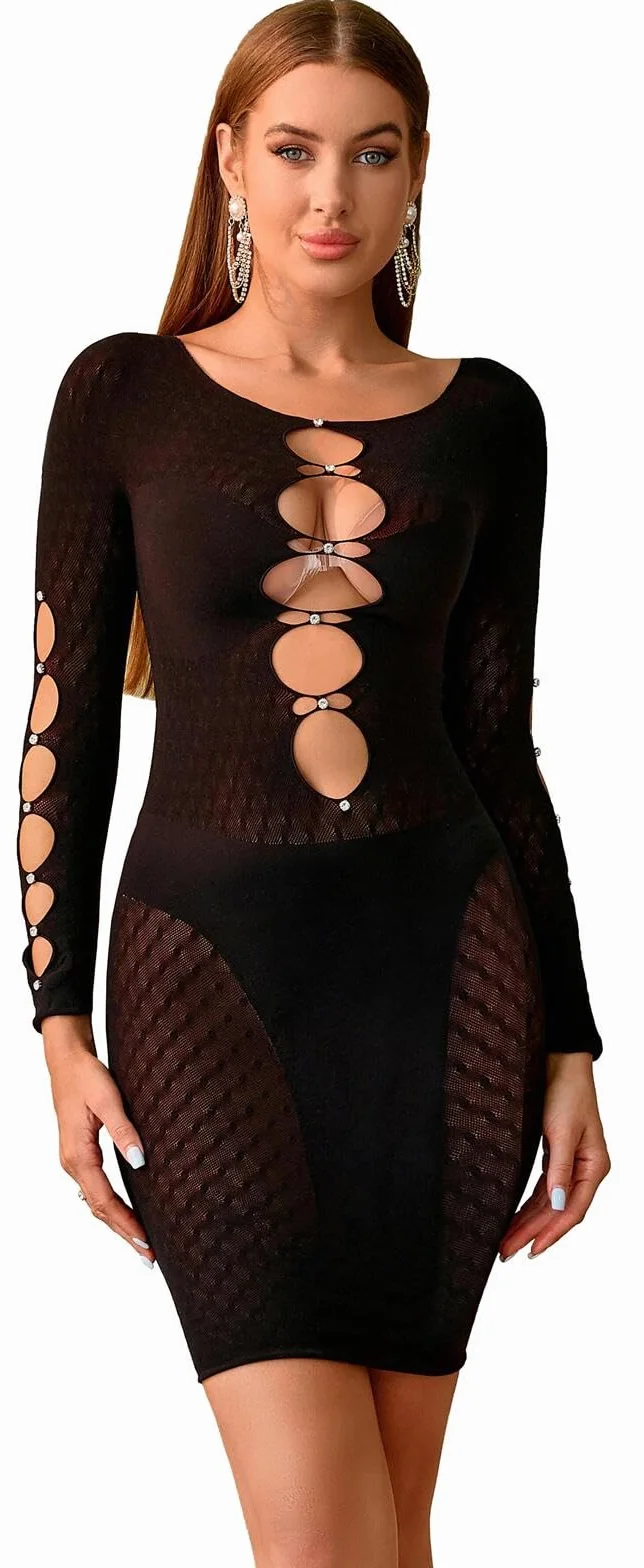 Bommi Fairy Seksowna sukienka damska z wycięciem z przodu, błyszcząca, stras, bodystocking, długi rękaw, siatka rybna, rozciągliwa, obcisła spódnica
