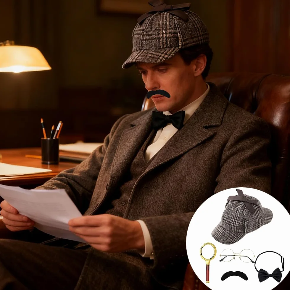 Zestaw akcesoriów do kostiumu detektywa, 5 sztuk, kostium Sherlocka Holmesa, rekwizyty do cosplay detektywa, z kapeluszem detektywistycznym, metalowymi okularami, lupą, muszką męską, brodą, dla