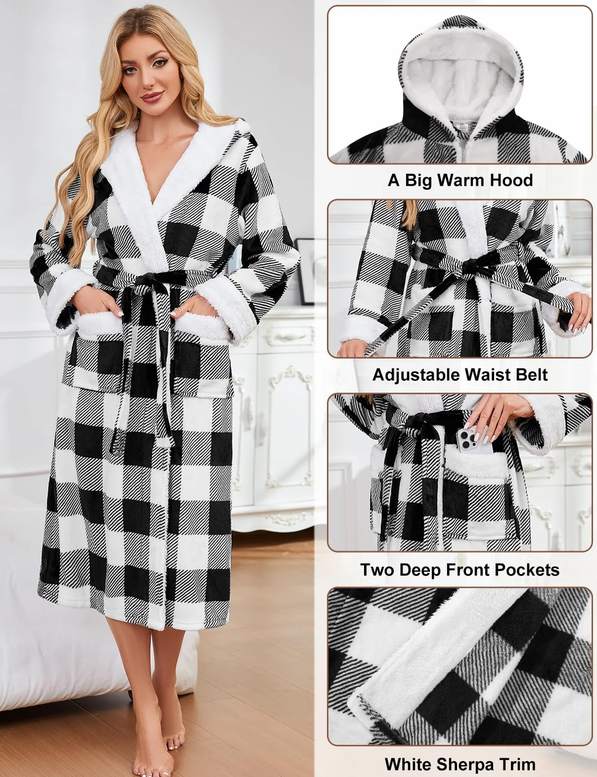 Yuson Girl Damski flanelowy szlafrok długi pluszowy szlafrok polarowy z kapturem ciepły zimowy szlafrok dla kobiet miękki puszysty odzież domowa tartan kratka wzór spa bielizna nocna