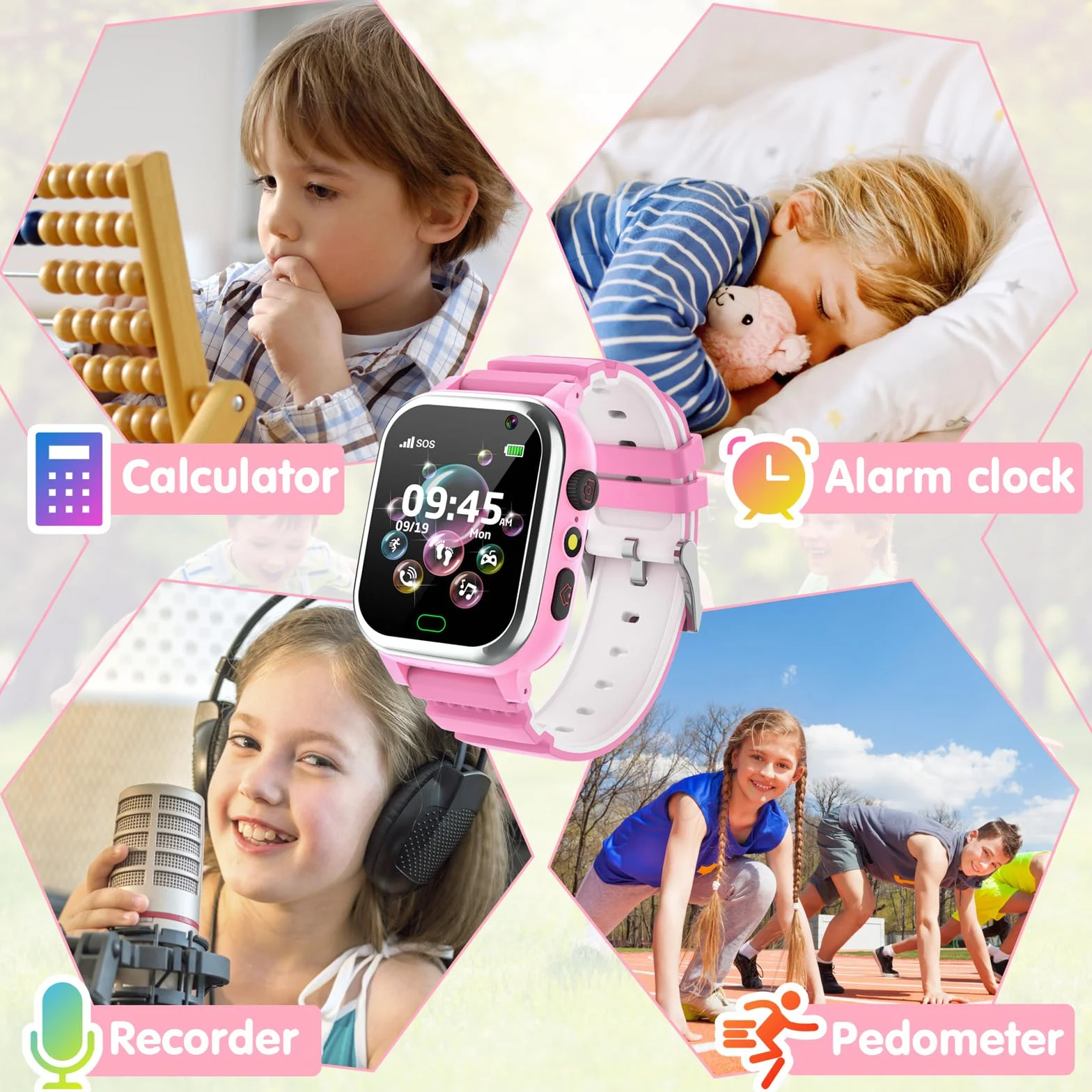 Smartwatch dla dzieci z 26 grami, muzyką kaloryczną, zegarek Smartwatch dla dzieci z telefonem, SOS, aparatem, latarką, budzikiem, słodkim tłem, prezentem dla chłopca i dziewczynki 3-12 lat