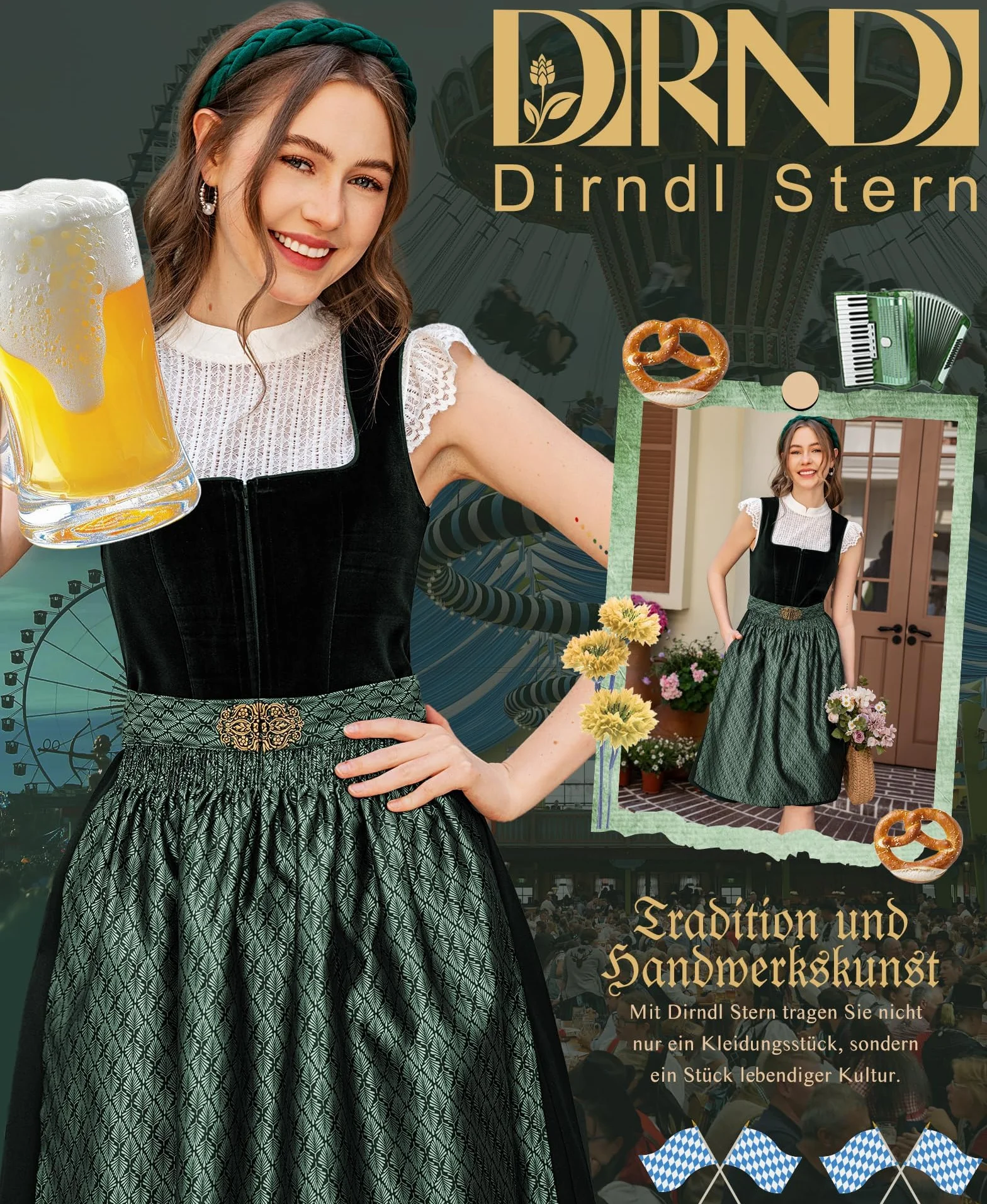 DIRNDLSTERN Damska sukienka do stroju ludowego zielona – spódnica midi aksamitna sukienka Dirndl, strój na Oktoberfest z fartuchami Dirndl
