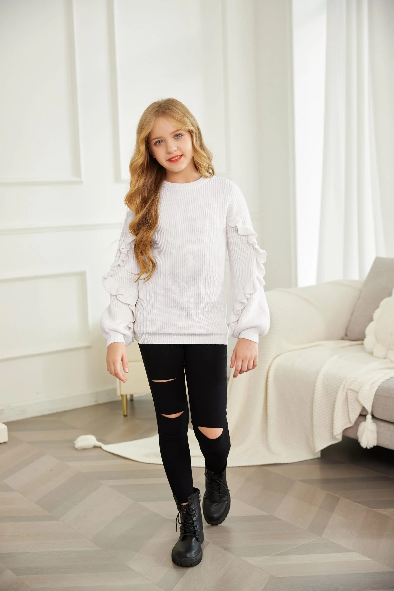 Arshiner Dziewczęcy sweter lampion rękaw dziecięcy dzianinowy ciepły sweter luźny okrągły dekolt sweter top zimowy z długim rękawem dla dziewcząt 7-14 lat