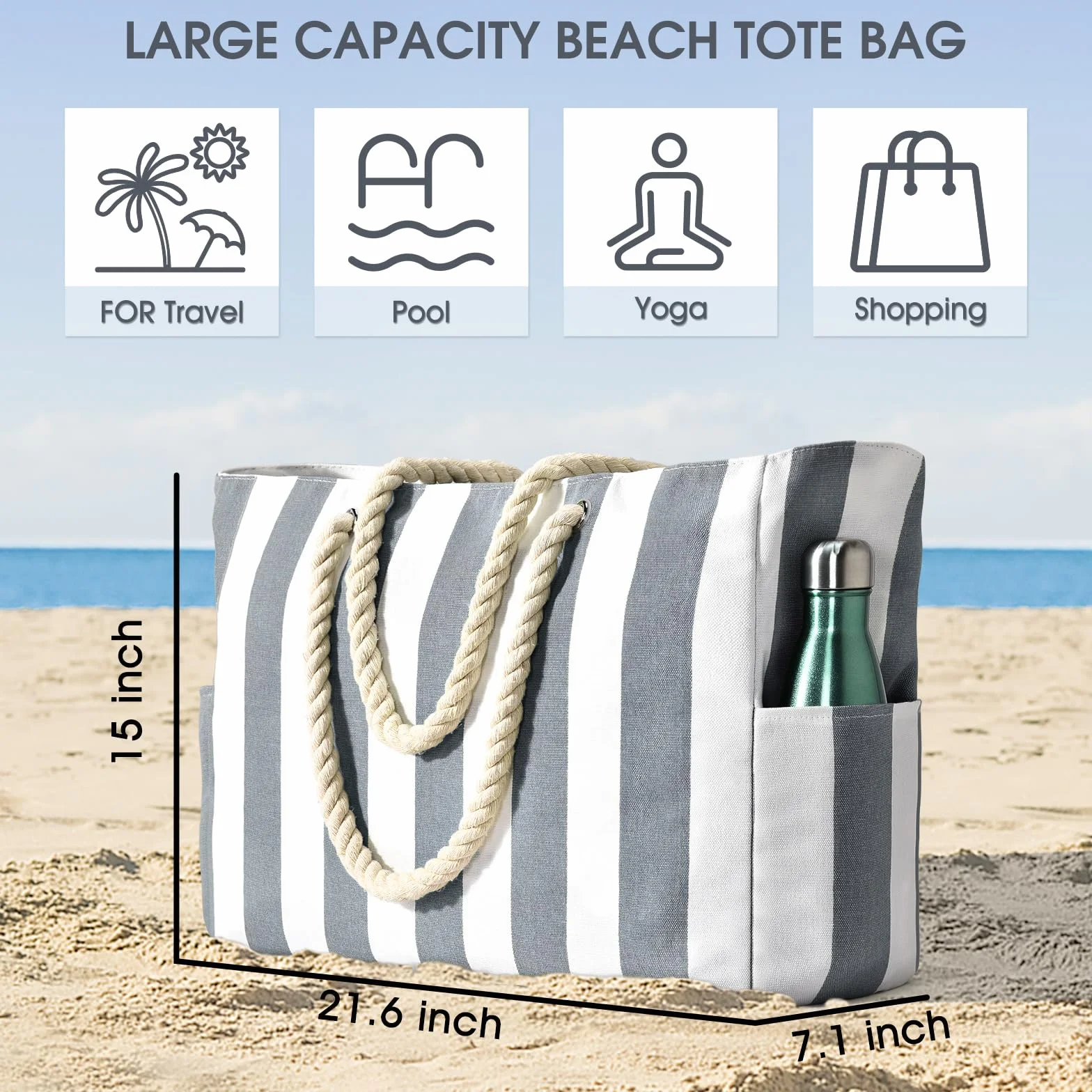 oscaurt Torba plażowa, wodoszczelna torba plażowa w paski, z zamkiem błyskawicznym, z kieszenią na mokro, duża torba plażowa dla kobiet