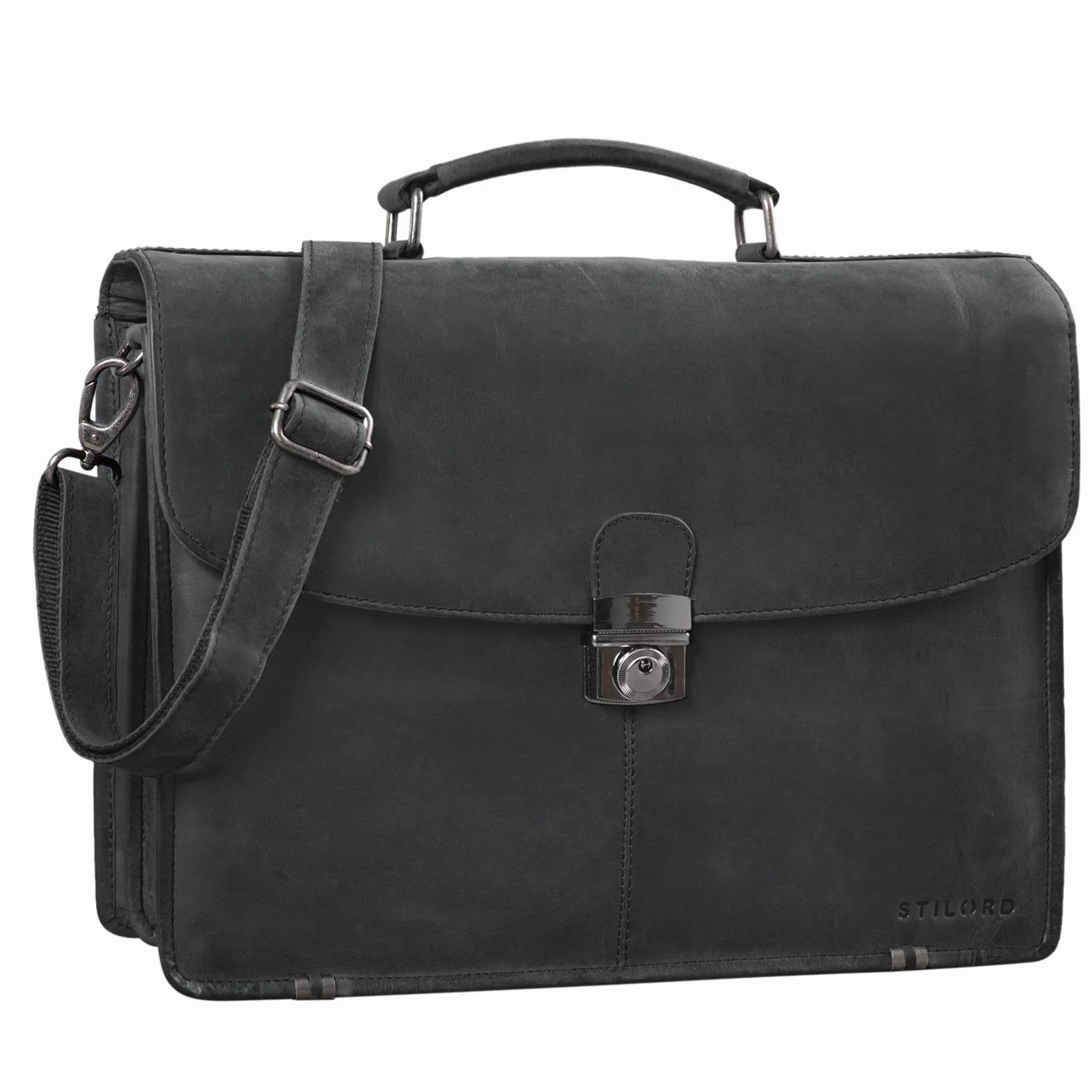 STILORD "Miguel" Classic Leather Briefcase Black Gents duża torba biznesowa torba biurowa z zamkiem do powieszenia 15,6 calowej torby na laptopa Kolor:czarny
