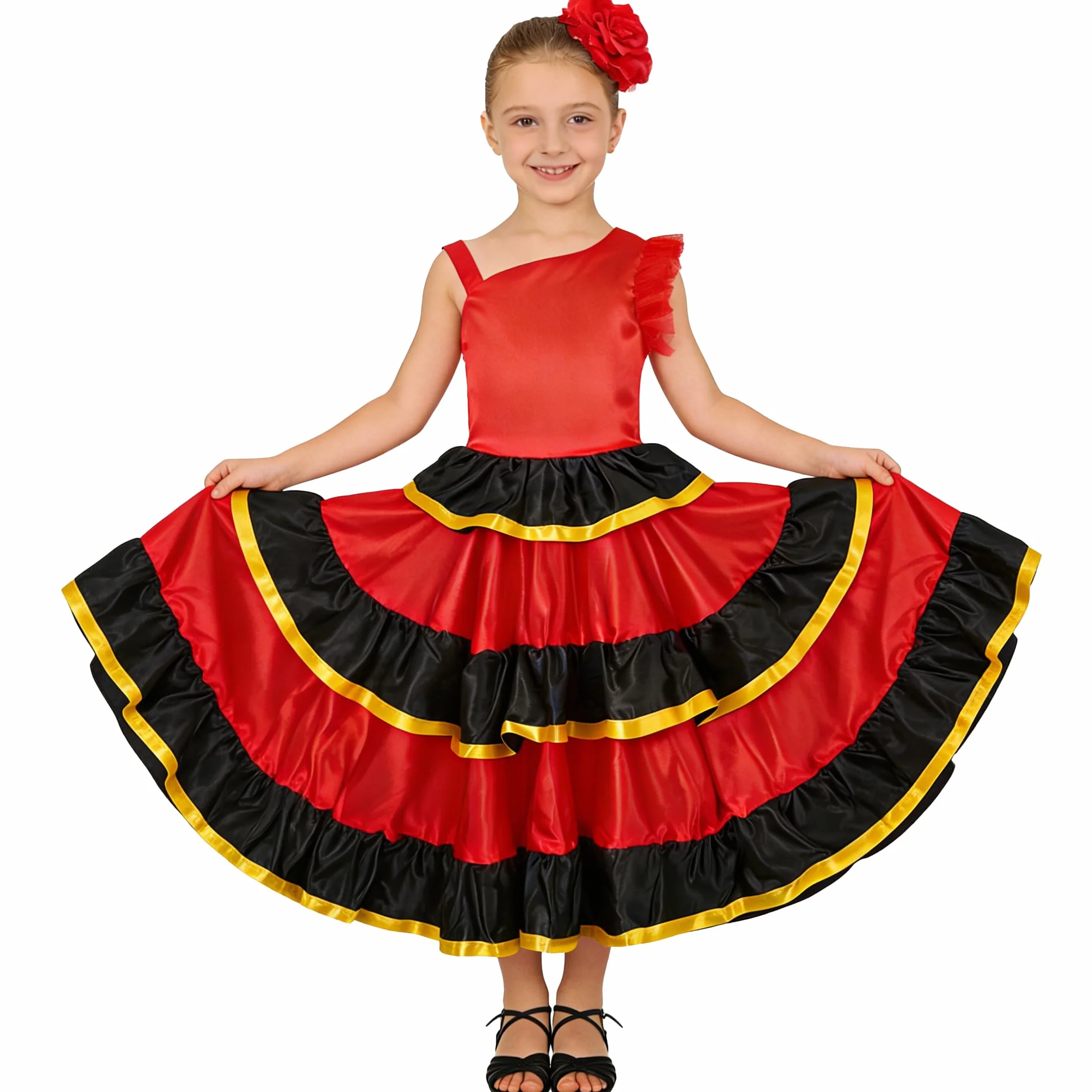 Lolanta Hiszpańska sukienka flamenco z warstwowymi falbankami dla dziewczynek, kostium do tańca w stylu sevillana, z czerwonym kwiatem i składanym wachlarzem, 5-13 lat