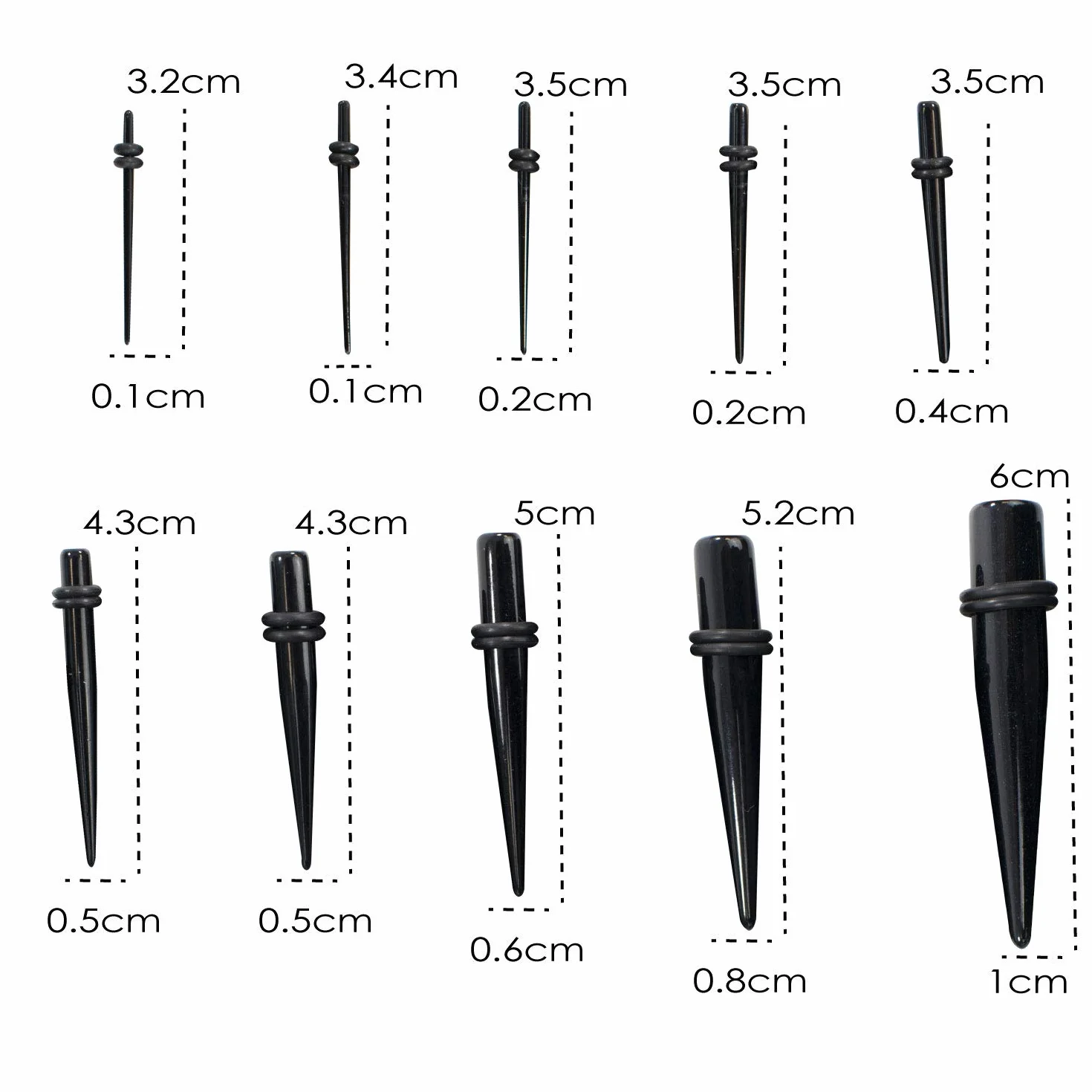 TRIXES zestaw rozpychaczy do uszu – akryl e stal szlachetna, colore: 20 Stk Dehnstäbe Set 1,3mm-10 Mm - Schwarz, cod. LL83