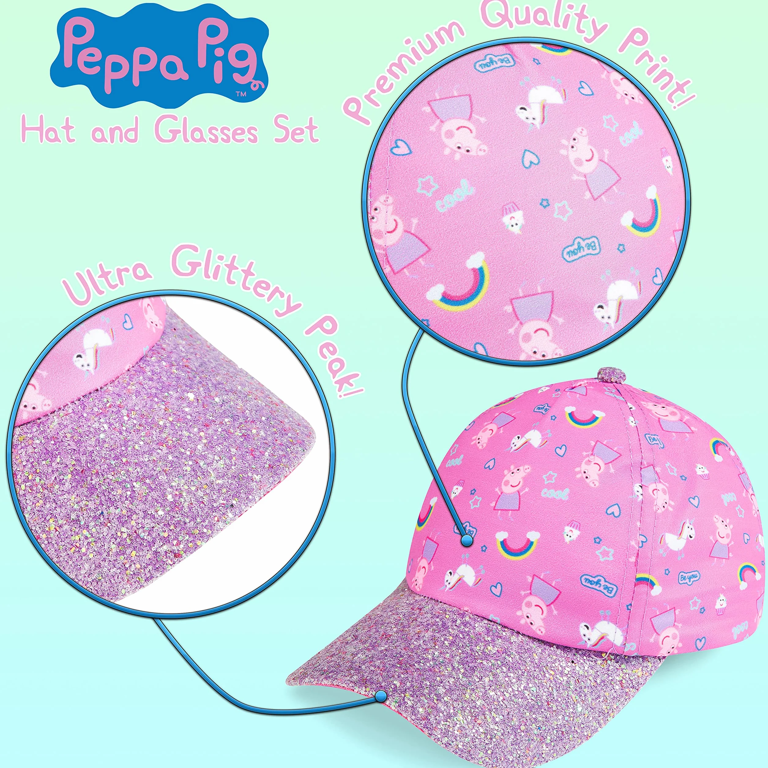 Peppa Pig Okulary przeciwsłoneczne czapka z daszkiem zestaw akcesoriów dla dziewczynek lato tęczowy jednorożec kapelusz przeciwsłoneczny 100% UV dzieci okulary przeciwsłoneczne plaża wakacje, różowy