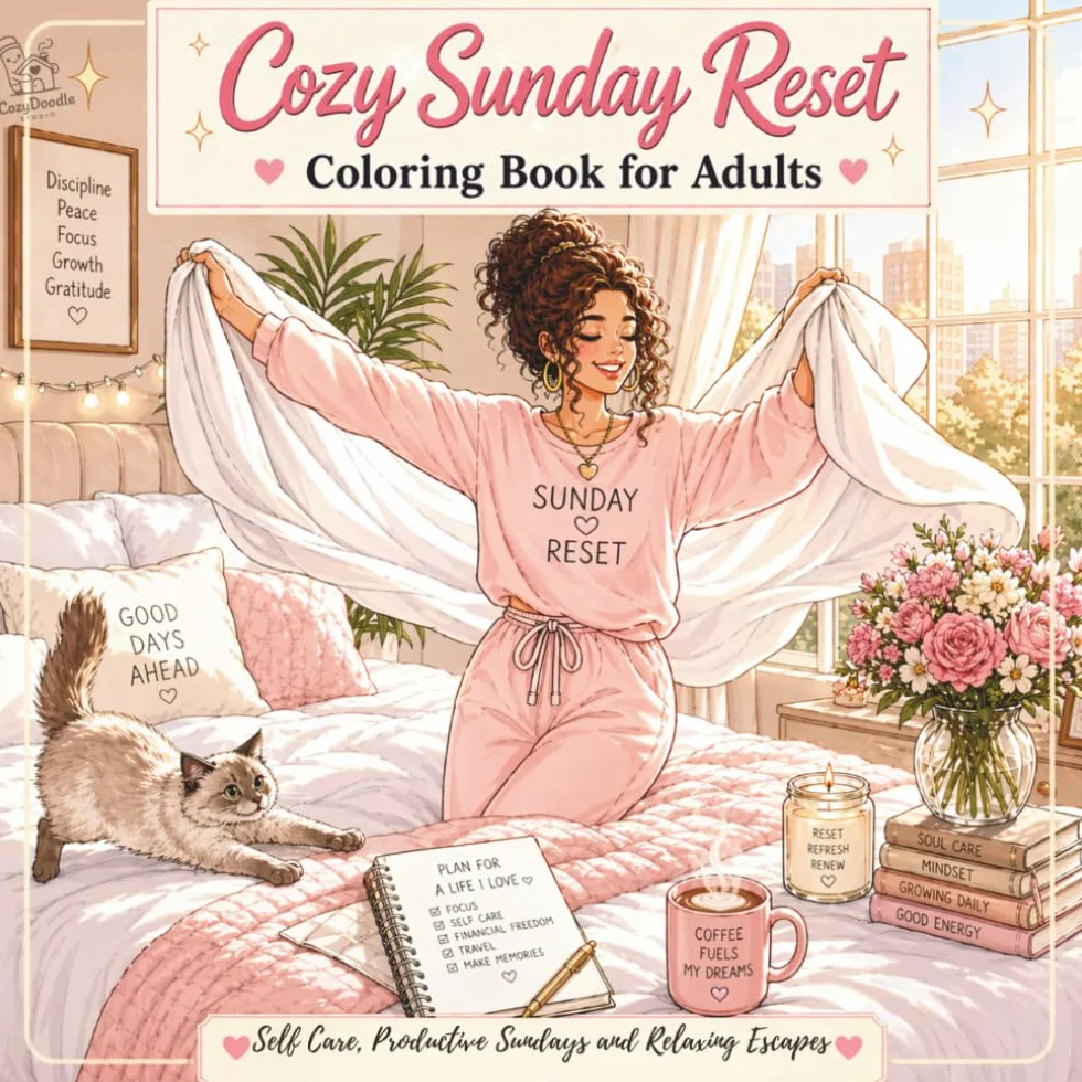 Cozy Sunday Reset Coloring Book for Adults: Fresh Starts, Clean Spaces, Journaling, Self Care, Productive Sundays and Relaxing Escapes