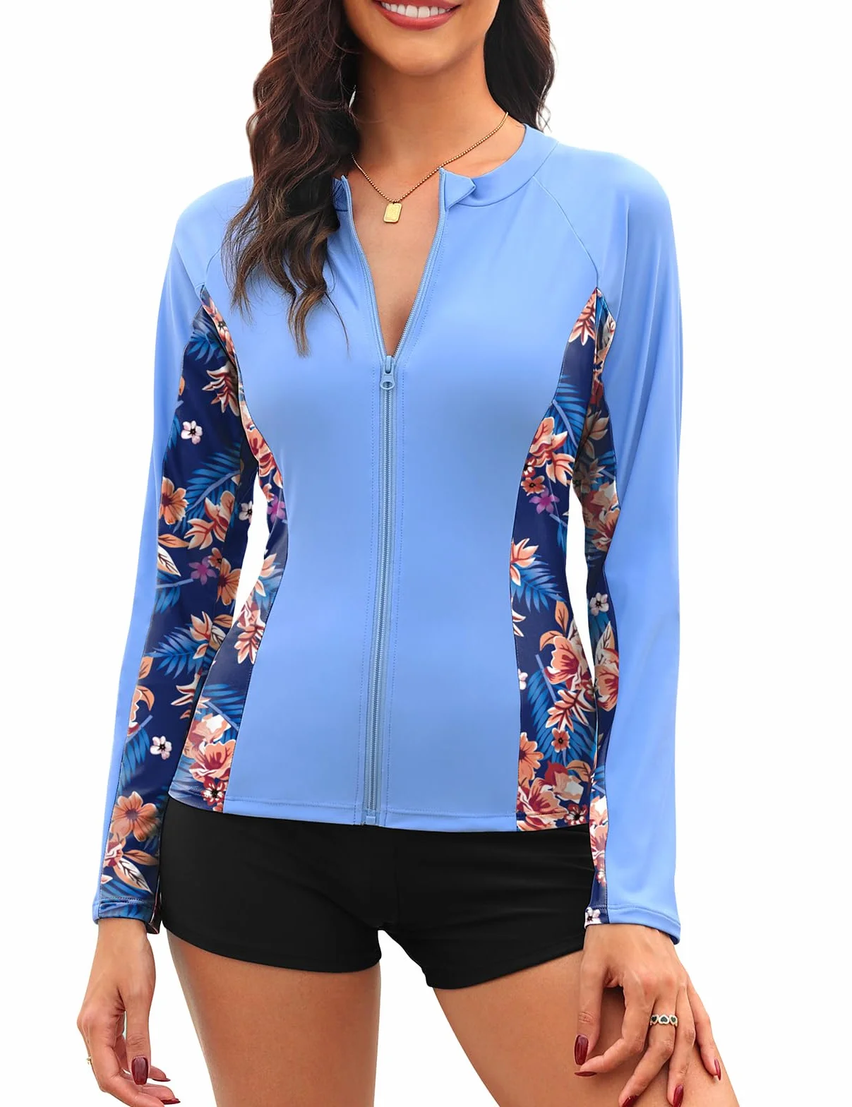 Tuopuda Damska koszulka do pływania z długim rękawem, z zamkiem błyskawicznym, UPF 50+, ochrona przed promieniowaniem UV, Rashguards, koszulka z długim rękawem, sportowa koszulka na wodę, plażę
