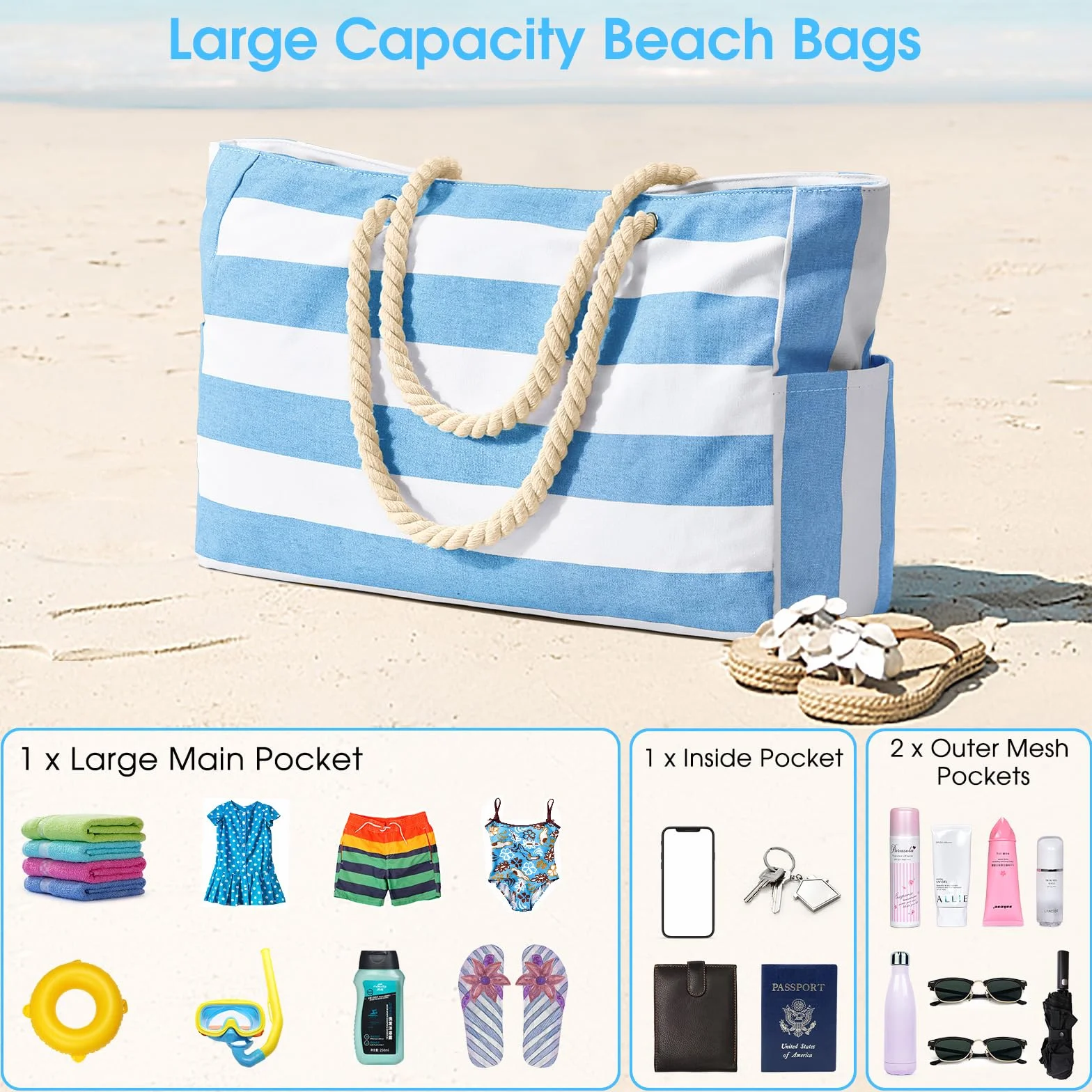 oscaurt Torba plażowa w paski, wodoszczelna torba plażowa, duża, z zamkiem błyskawicznym, torba plażowa XXL, rodzinna torba na zakupy, torba na ramię, torba podróżna