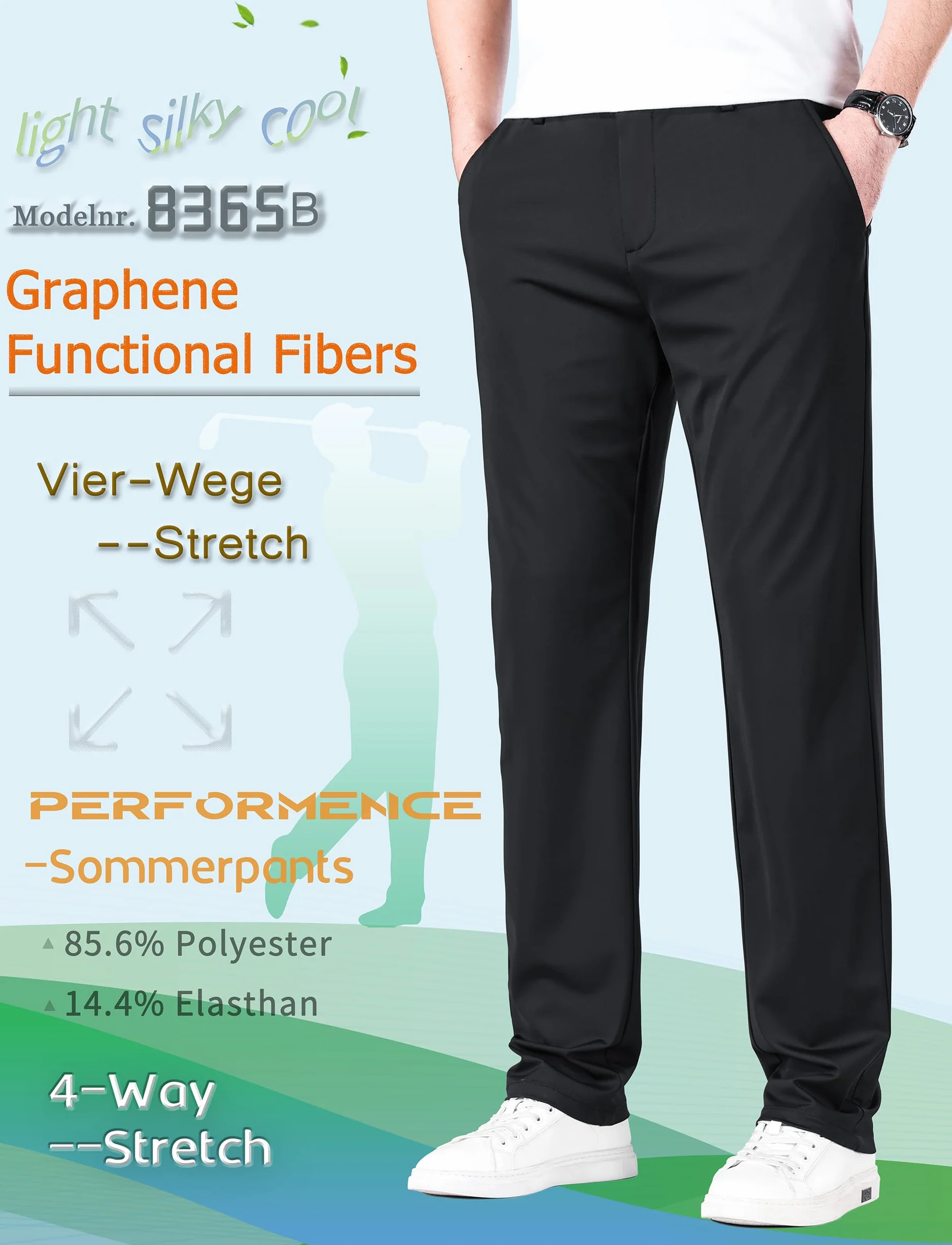 Męskie spodnie golfowe, długie spodnie do biegania, spodnie sportowe, dresowe, materiał super rozciągliwy, 8365b czarny, 38W / 31L