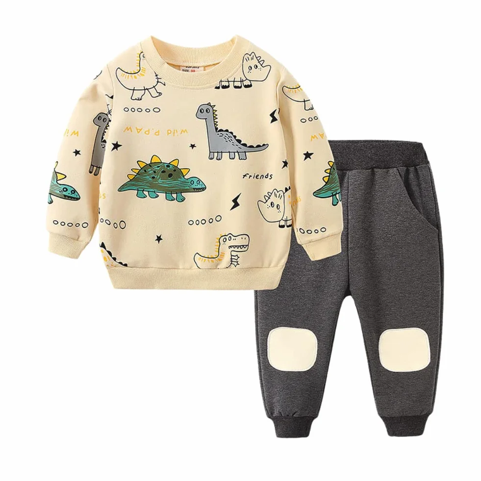 FedMois Dziecięcy dres treningowy, bluza dresowa + spodnie bawełniane, dinozaur beżowy, 110-116