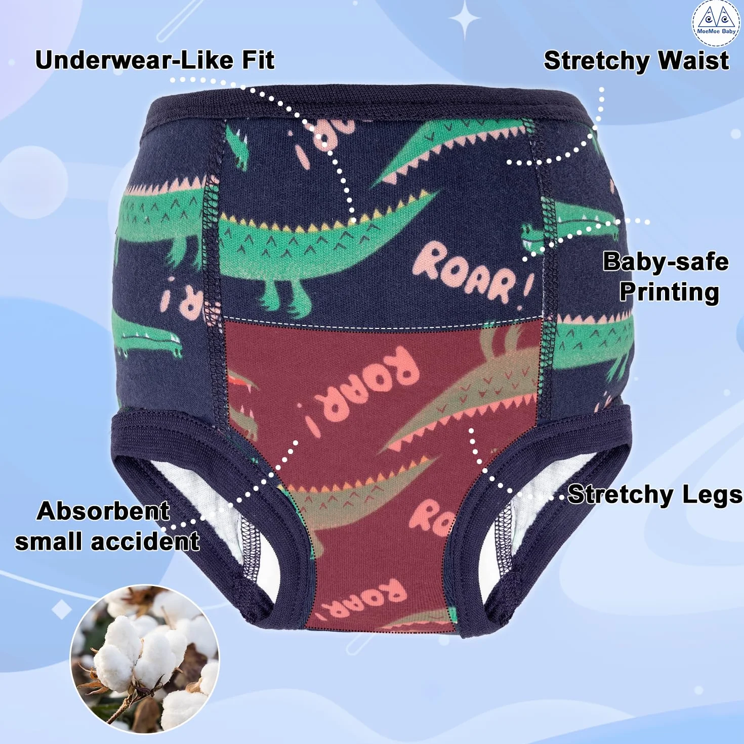 MOEMOE BABY Nocne spodnie treningowe dla dzieci 2T-6T, 10 sztuk, nadające się do prania i chłonne, w 100% przyjazne dla skóry, bawełna, dinozaury i jednorożec