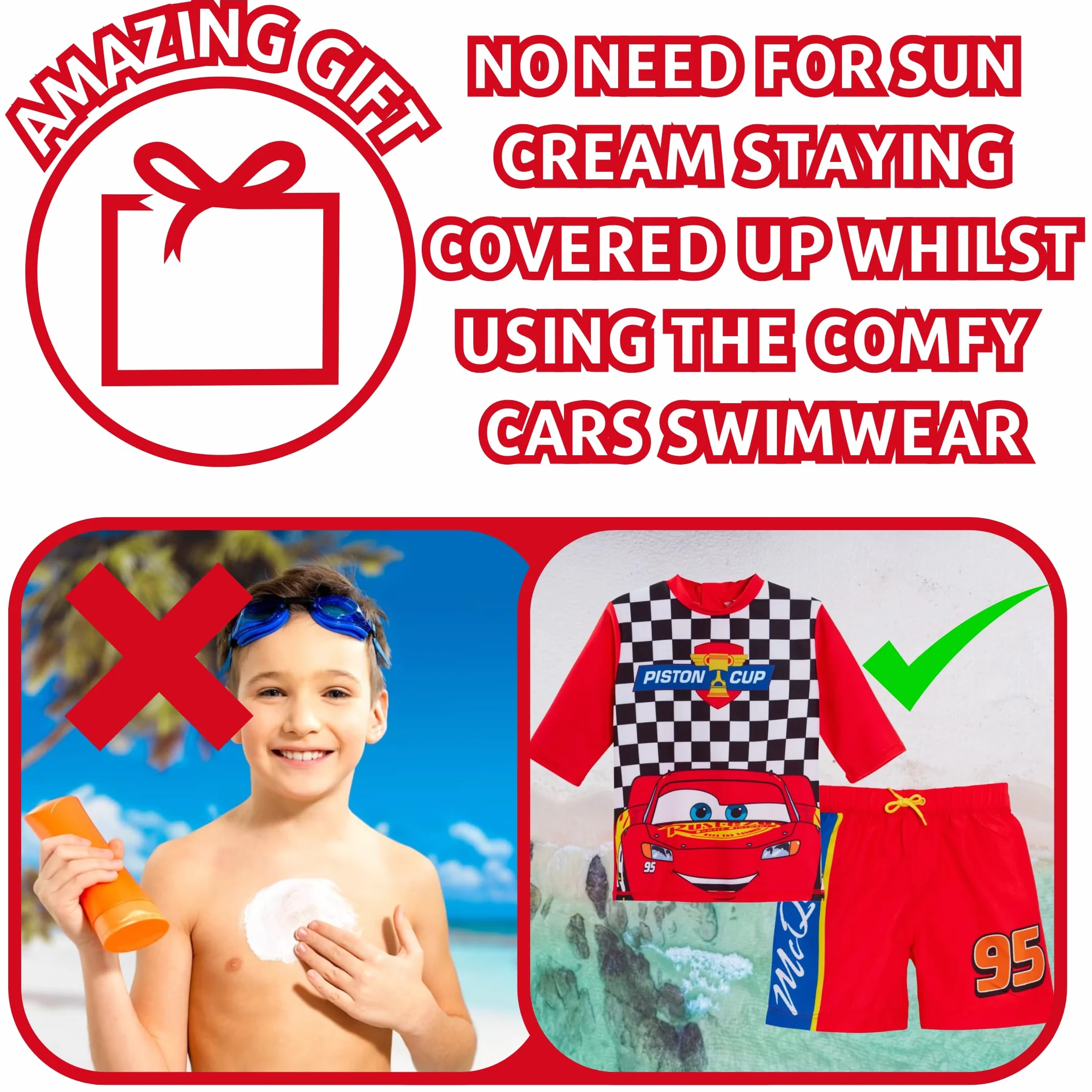 Szorty kąpielowe chłopięce Cars + Rash Vest Lighting McQueen, 2-częściowy zestaw kąpielowy dla dzieci, do surfowania + szorty, zestaw do pływania
