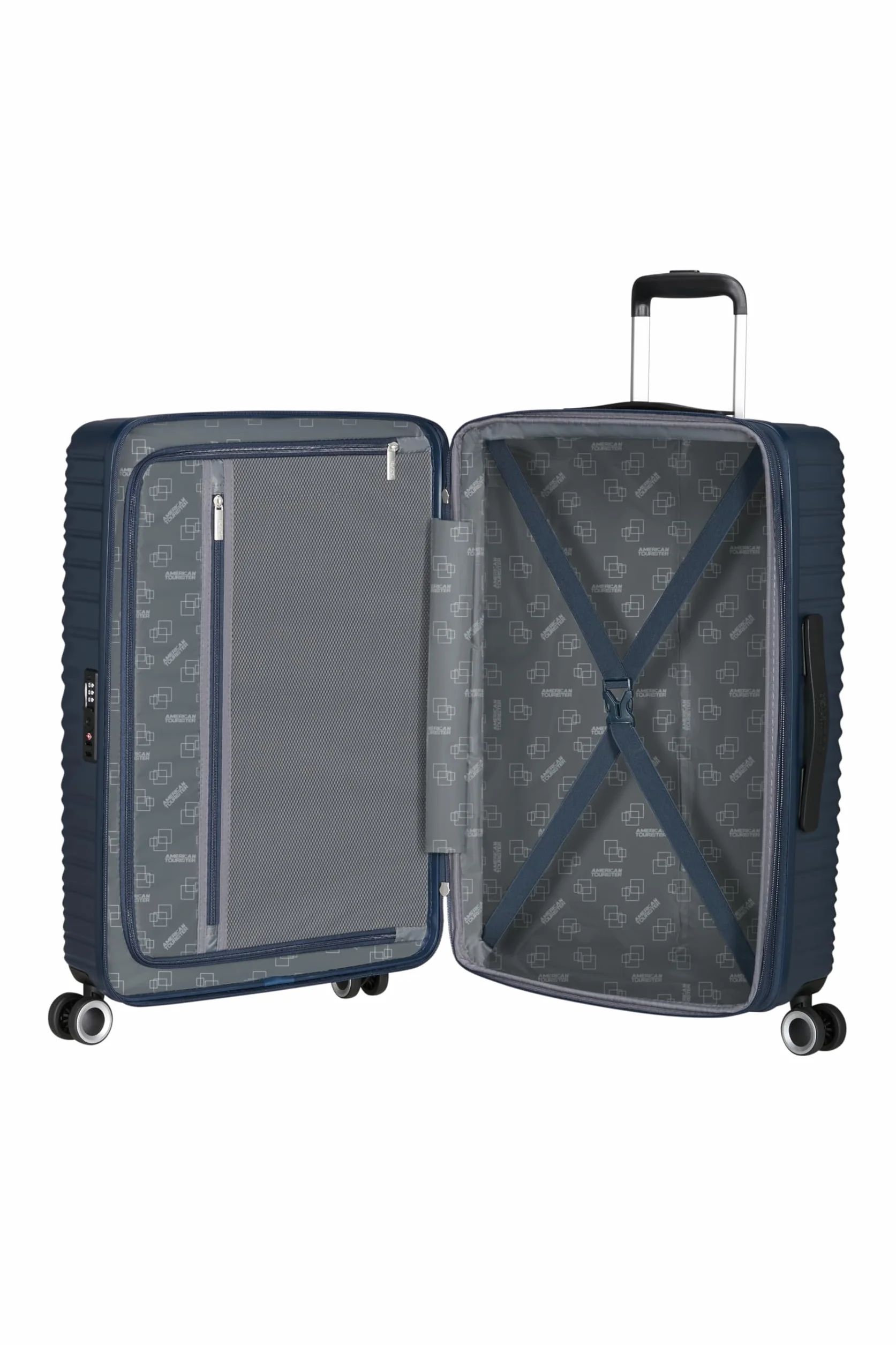 American Tourister Aerotech - 3-częściowy zestaw bagażowy z twardą skorupą (do przenoszenia, średni, duży) rozszerzalny zestaw wózków z zamkiem TSA - niebieski (metaliczny granat)