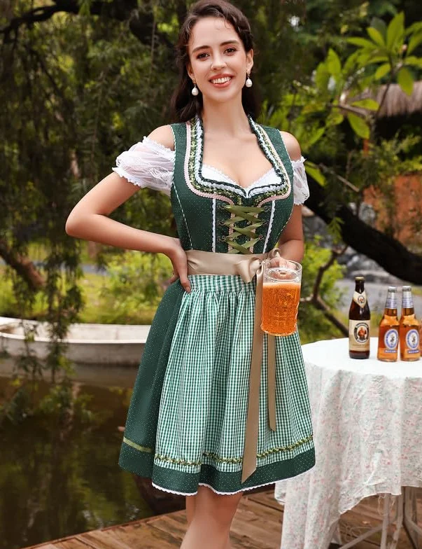 Clearlove Dirndl damska sukienka midi 3-częściowa sukienka do stroju ludowego, modna sukienka Dirndl, bluzka na Oktoberfest, zielony, 44