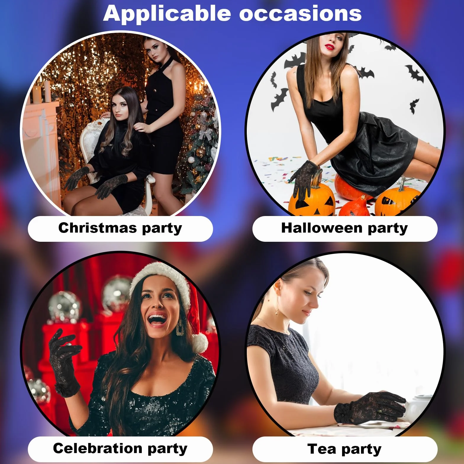 Koronkowe rękawiczki, krótkie kwiatowe rękawiczki na przyjęcie herbaciane dla kobiet, eleganckie akcesoria do sukni ślubnej, do opery, Halloween, kolacji, imprezy (czarne)