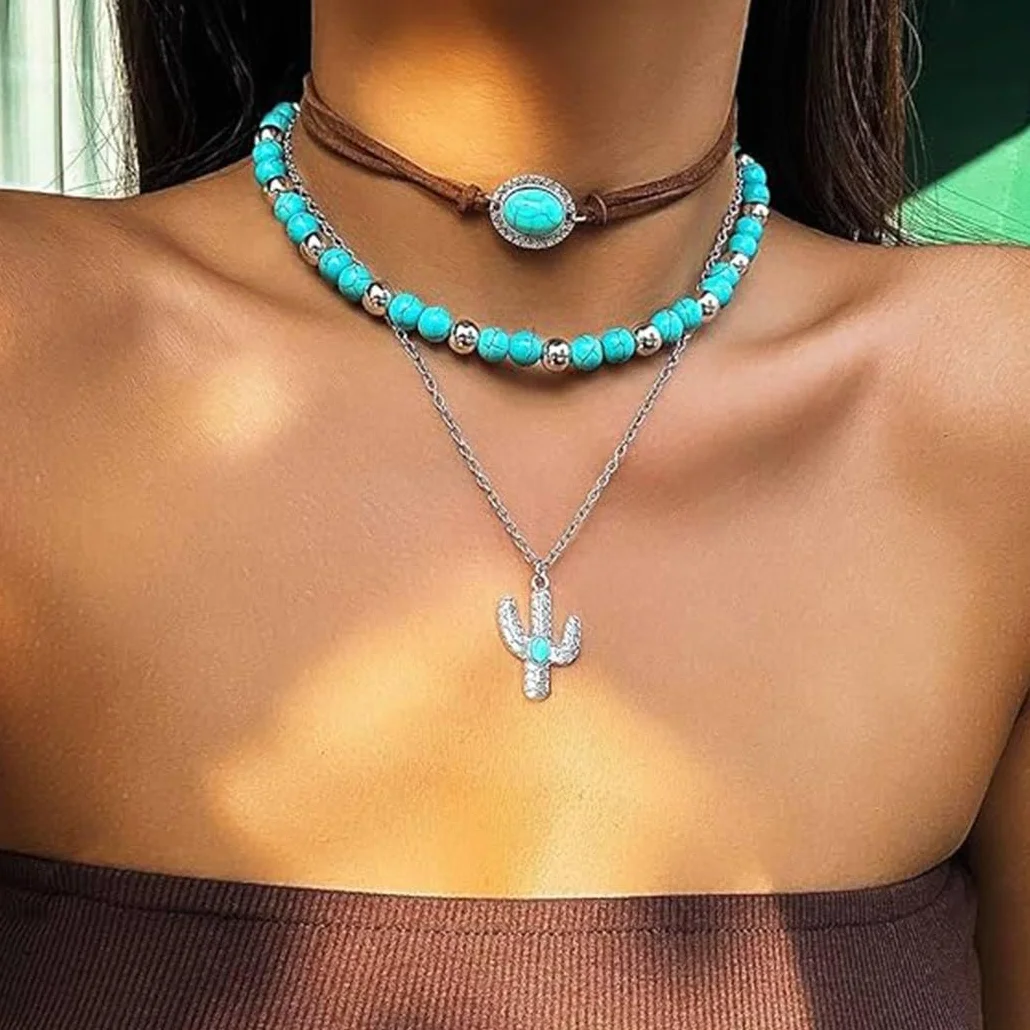 Naszyjnik w stylu boho w kolorze turkusowym, srebrnymi perłami, choker, łańcuszek warstwowy, biżuteria dla kobiet