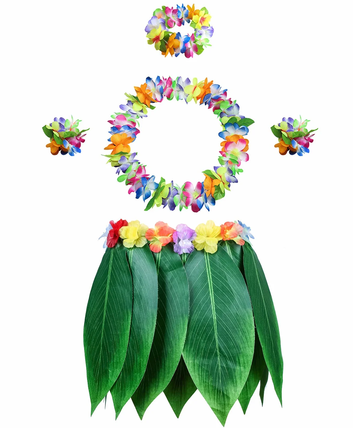 Zestaw 5 listków hula rock i hawajski zestaw Leis, hula Rock + kwiatowa opaska na czoło + 2 kwiaty bransoletki + girlanda na szyję, kostium na imprezę Hula Luau dla kobiet i dziewcząt