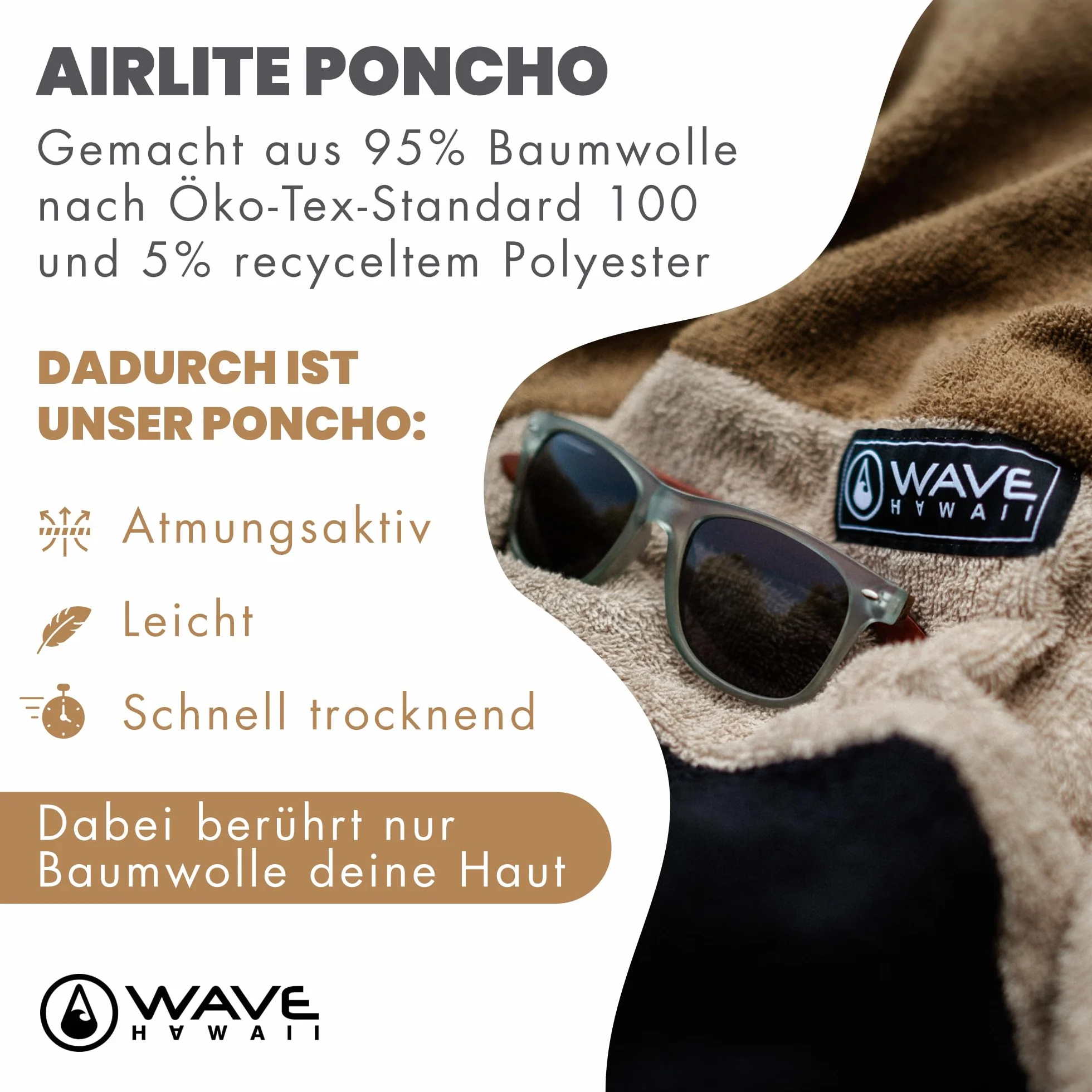WAVE HAWAII Cumbuco ponczo surfingowe do wzrostu 160-190 cm, 95% ekologicznej bawełny, pomoc w przebieraniu, na plażę, do surfowania, ręcznik kąpielowy, ponczo prysznicowe, dla kobiet, mężczyzn i dorosłych, brązowy, M