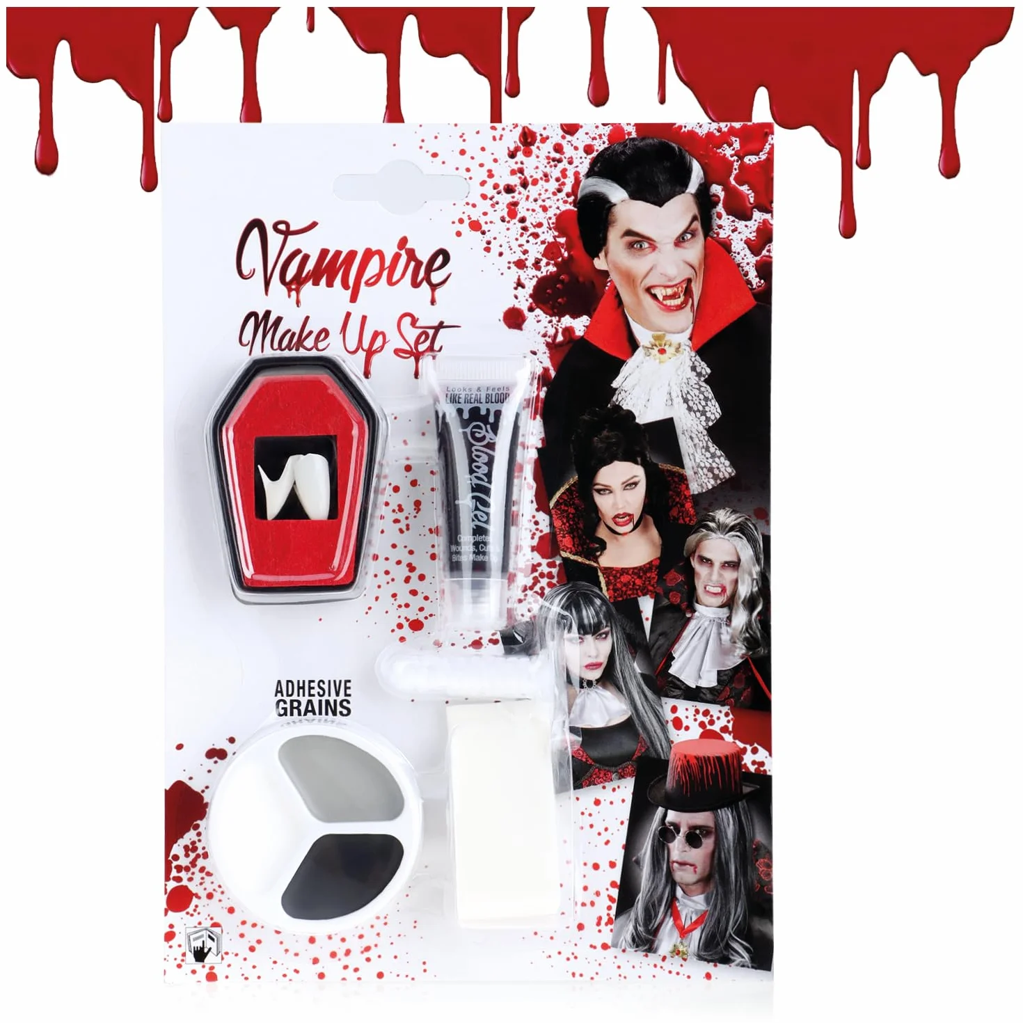 COM-FOUR® 5-czesciowy zestaw do makijazu na Halloween - akcesoria do kostiumu wampira z zebami wampira, sztuczna krwia, gabka, koralikami samoprzylepnymi i paleta do makijazu