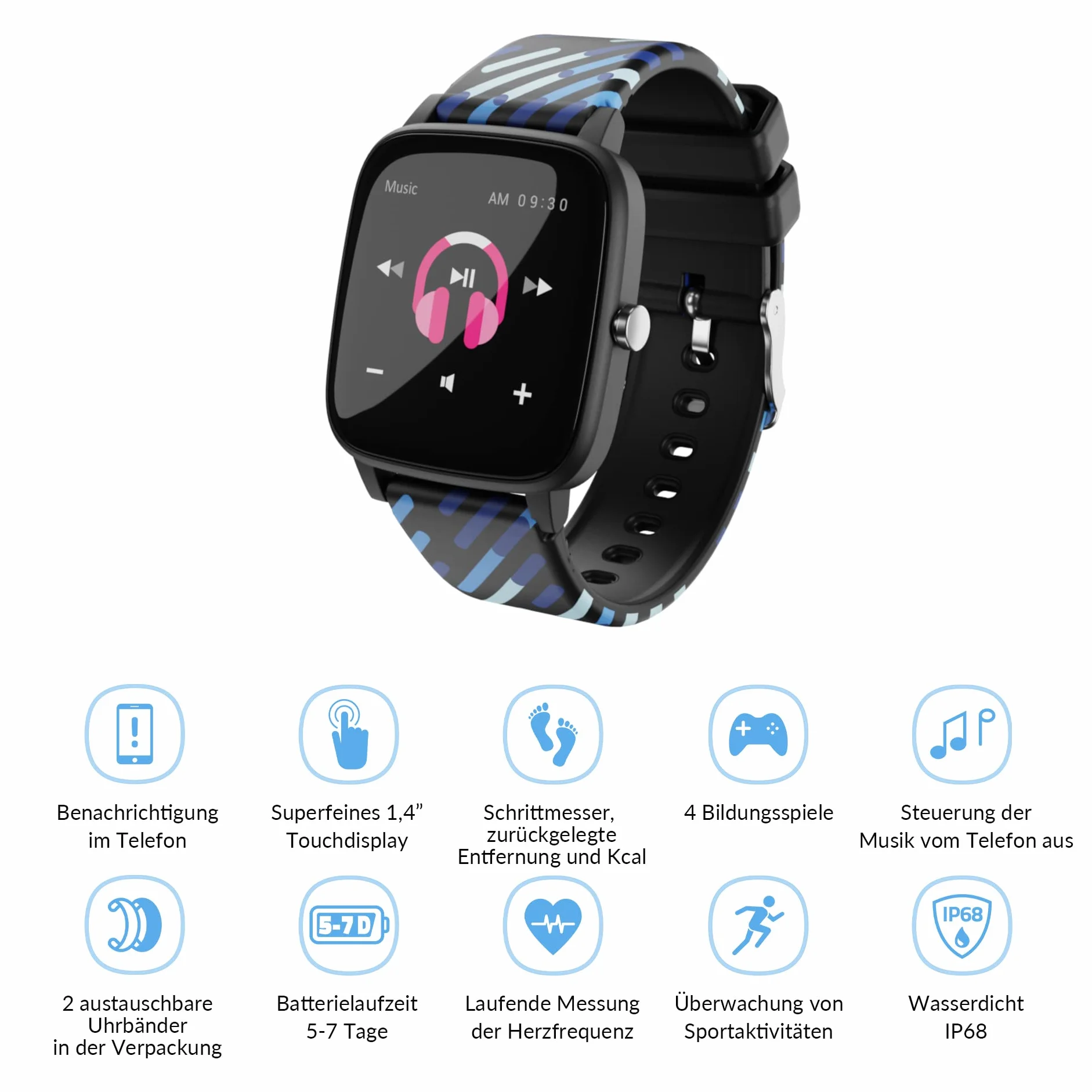 Lamax BCool dziecięcy smartwatch, zegarek dla dzieci, język włoski, czas trwania do 7 dni, krokomierz, pomiar tętna, analiza snu, IP68, 4 gry, dwa paski (czarny)
