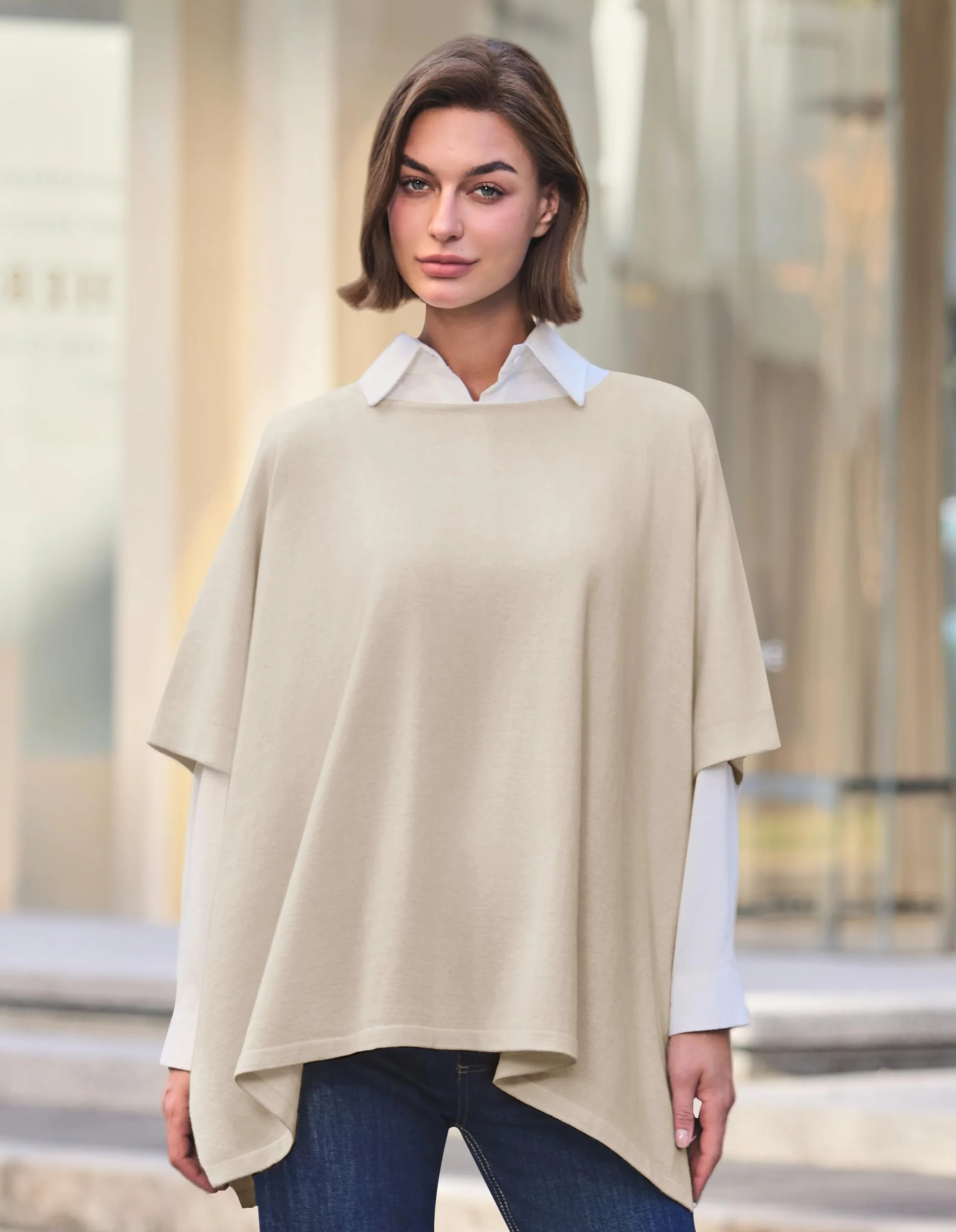 PULI Damski sweter ponczo eleganckie wiskozowe dzianina luźny siedzący ponczo szal