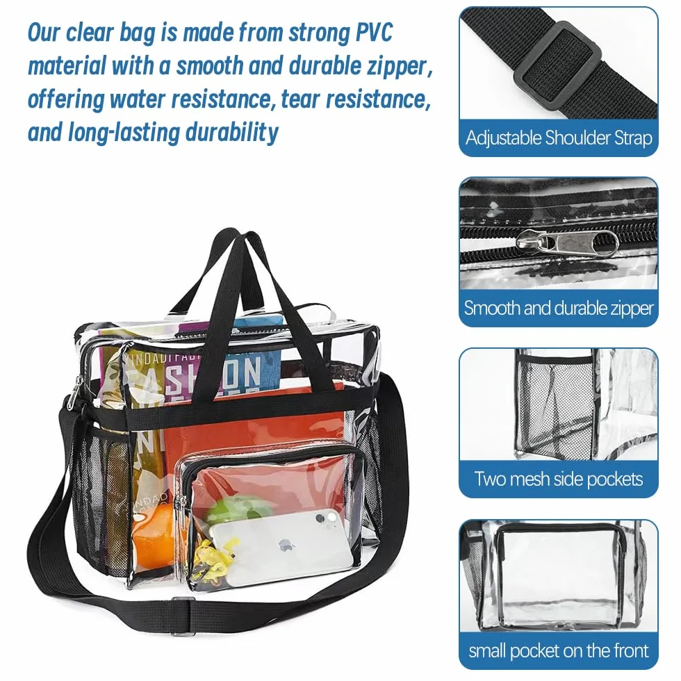 Przezroczysta torba tote bag, 2 szt., duża torba toaletowa, z regulowanym paskiem na ramię i zamkiem błyskawicznym, wodoszczelna przezroczysta torba na przybory toaletowe, na stadion, do pracy, sportu