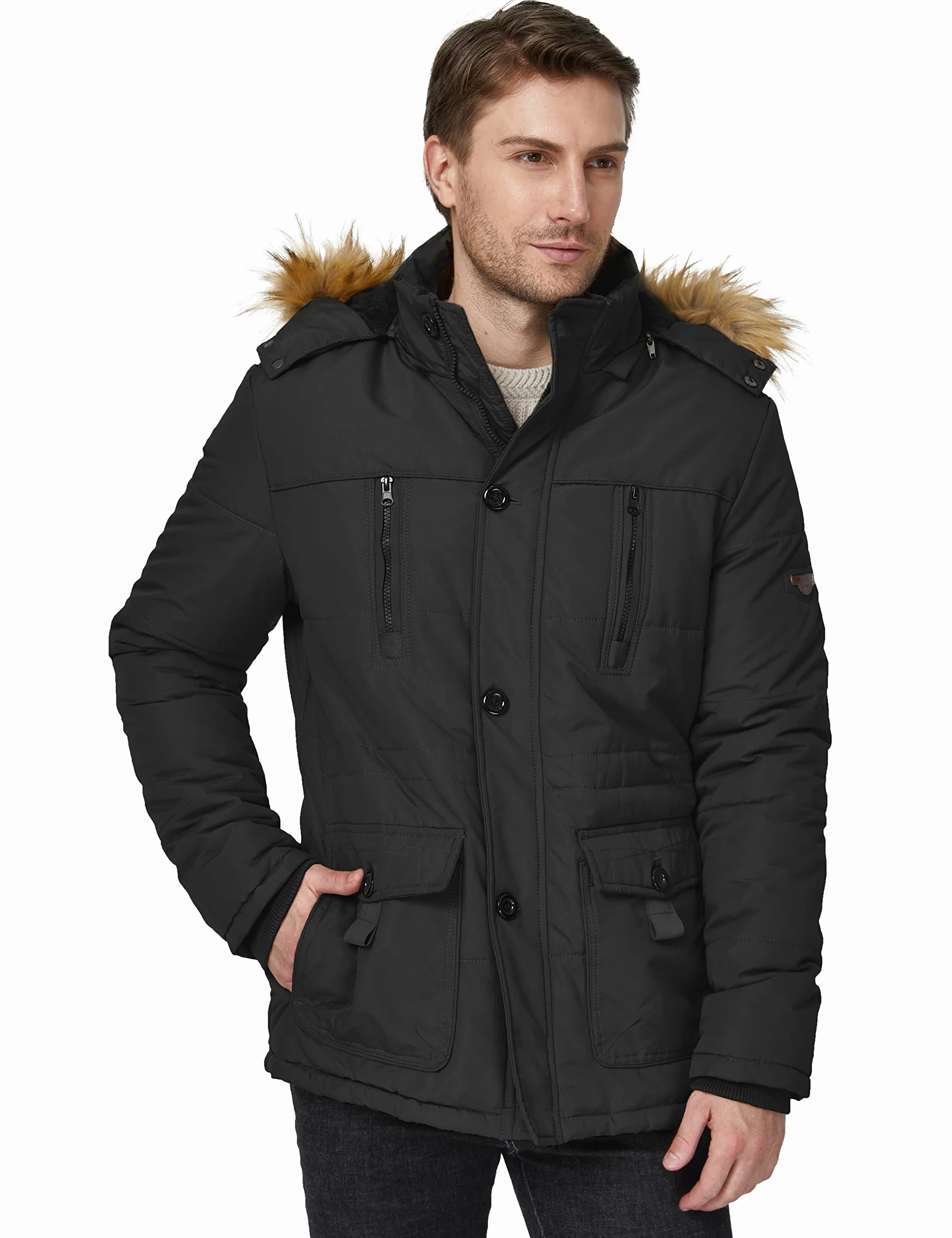 WenVen Męski płaszcz zimowy, luźny, polarowy, klasyczna bawełna, parka outdoorowa ze sztucznym futrem, średniej długości, wiatroszczelny