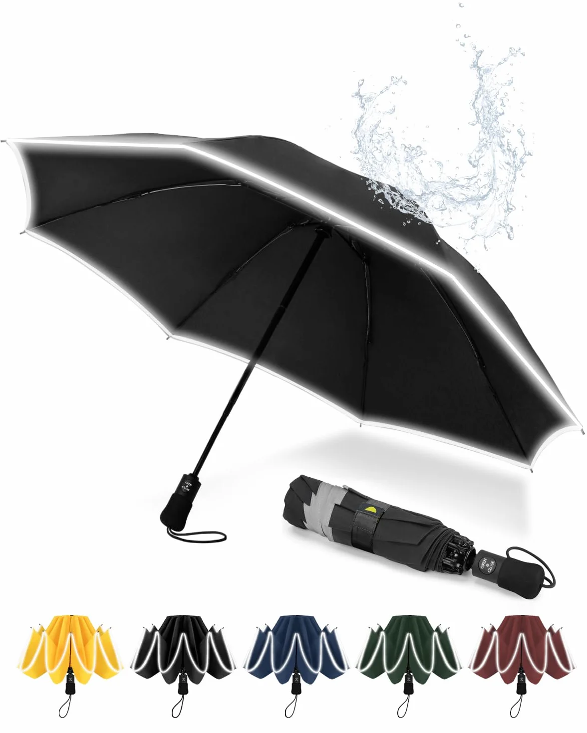 Parasol duży, odporny na burzę, odblaskowy, dla mężczyzn i kobiet – parasol kieszonkowy, automatyczne rozkładanie i wychodzenie, kompaktowy, przenośny, czarny, powłoka 210T, rozpiętość 106 cm