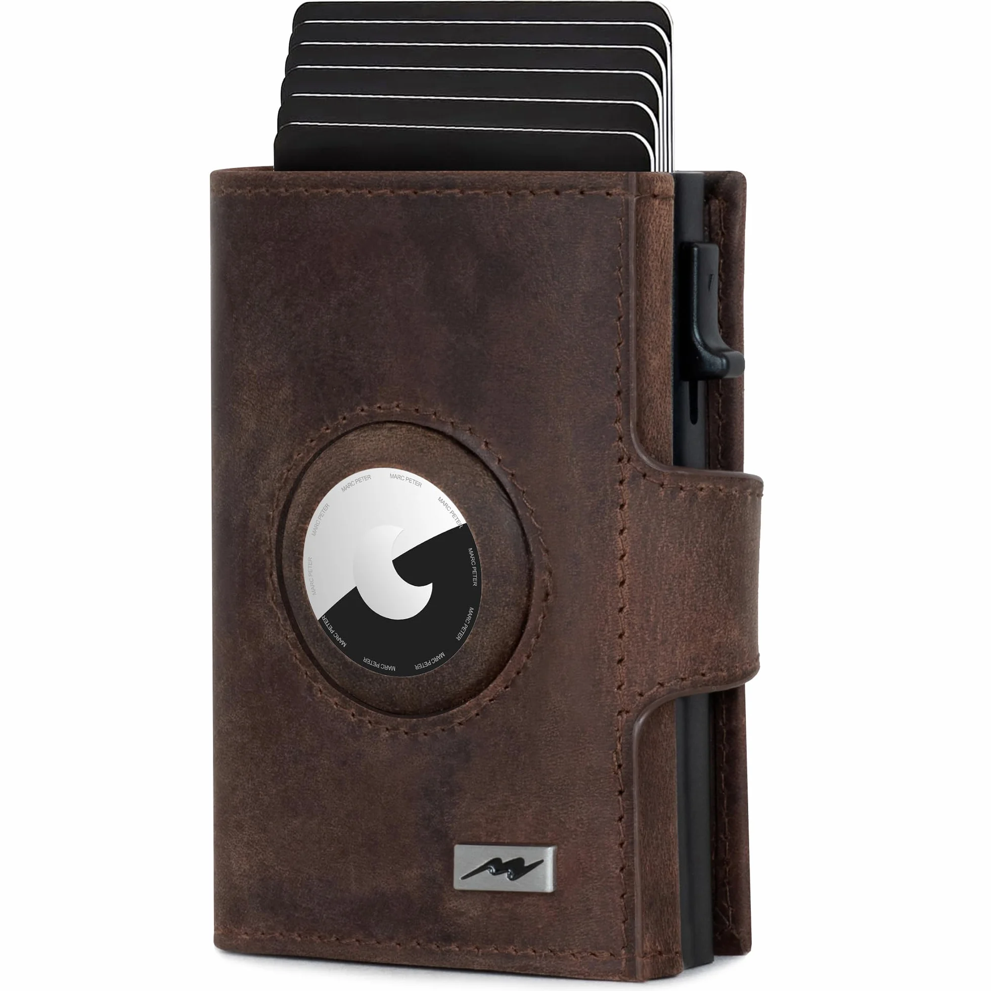 Marc Peter® Chicago skórzany portfel Push Air Slim – Airtag portfel z kieszenią na monety – ochrona RFID, mały mini portfel skórzany, brązowy (vintage braun), MINI MÜNZFACH MIT AIRTAG FACH, Casual