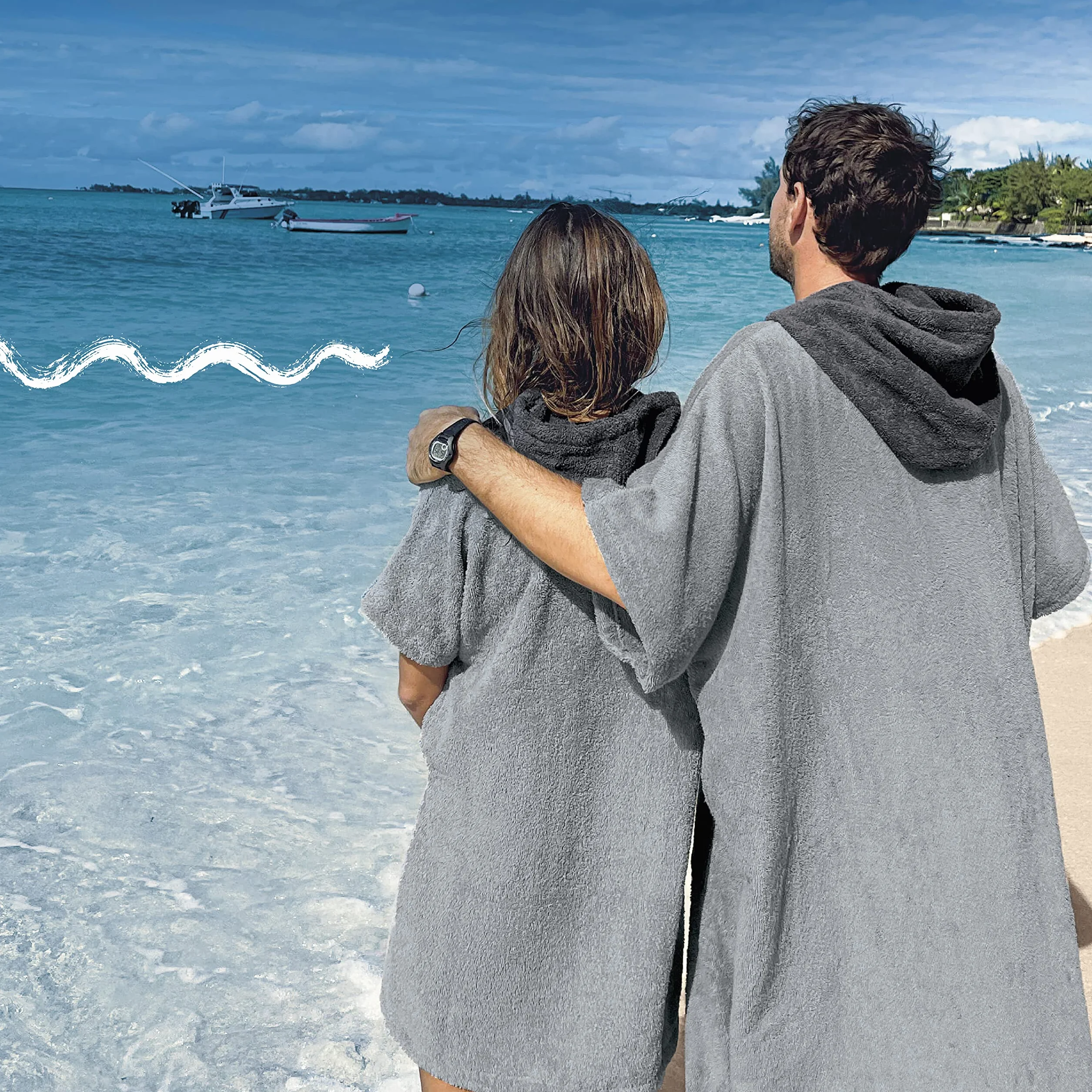 Poncho kąpielowe i sportowe - L/XL - 100% bawełna frotte - damskie poncho, męskie poncho, dla dorosłych i dzieci - idealne na plażę, basen i basen oraz ręcznik - jasnoszare
