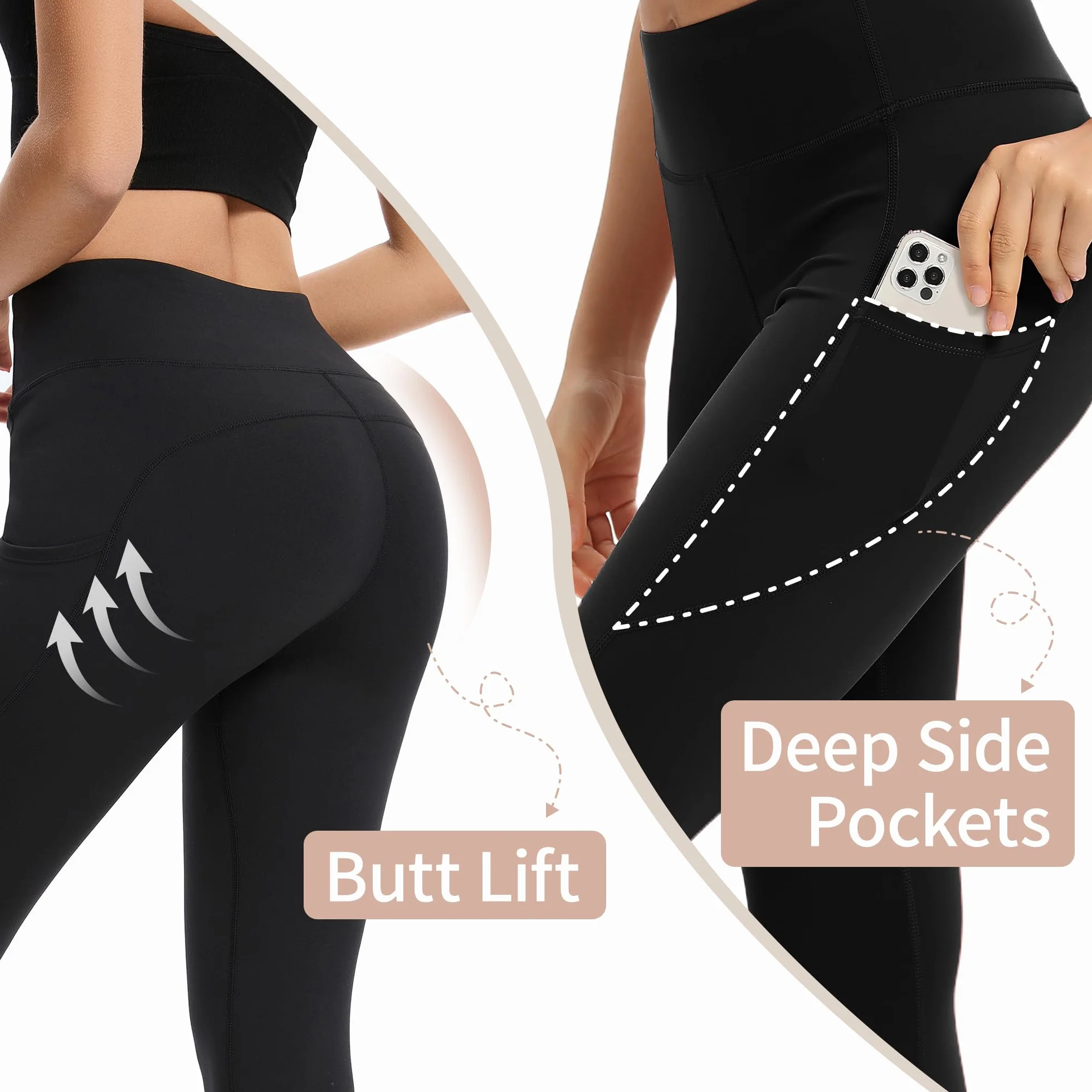 adorence Legginsy Damskie z Kieszeniami, Legginsy Gimnastyczne dla Kobiet, Legginsy Sportowe Nieprzezroczyste, Spodnie do Jogi z Wysokim Stanem