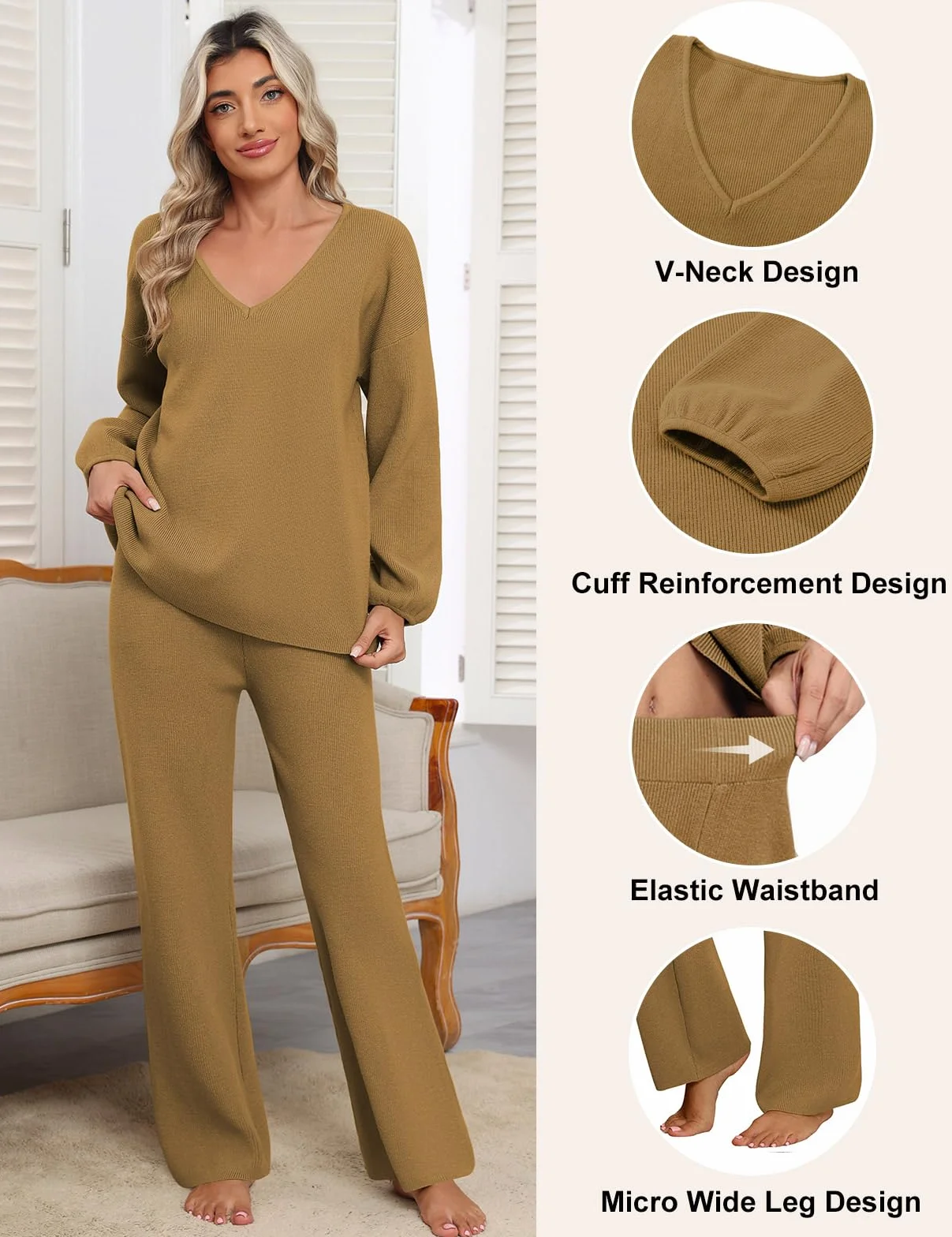 Dwuczęściowy damski elegancki strój domowy, przytulny, z długim rękawem, luźny dres treningowy, zestaw wypoczynkowy, prążkowany, dekolt w serek, 2-częściowy strój rekreacyjny z swetrem z