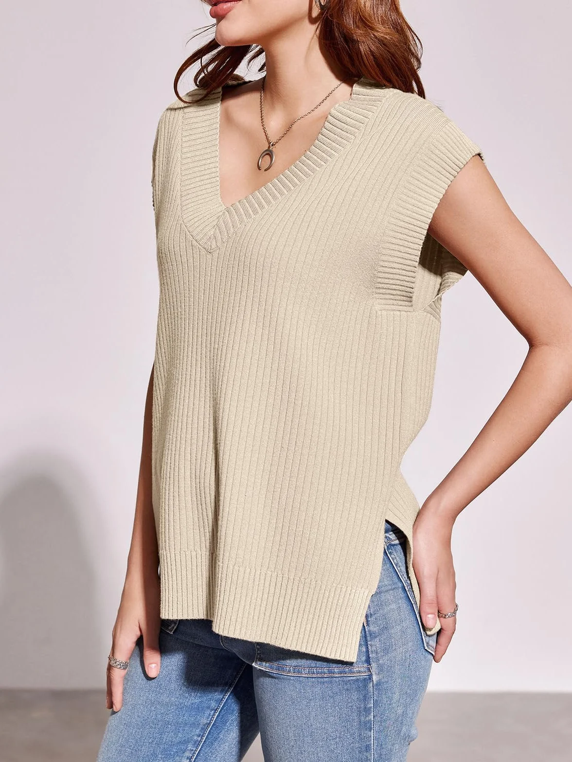 Saodimallsu Damski sweter z dekoltem w serek, oversize, bez rękawów, lekki i elegancki letni sweter