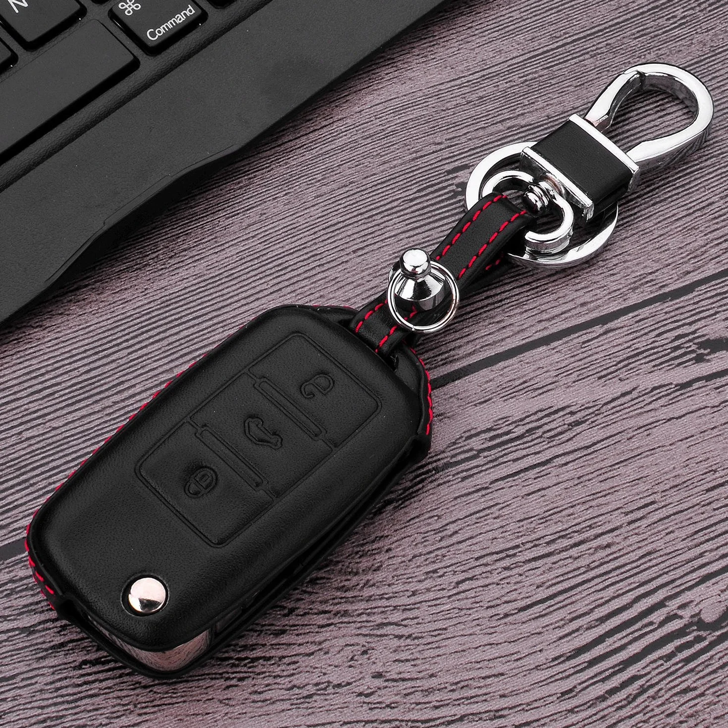 M.JVisun Prawdziwa Skóra Kluczyk Samochodowe Etui na Klucze dla Skoda Citigo Fabia Octavia Rapid Spaceback Roomster Superb Combi Yeti 3 Przyciski Składany Kluczyk Samochodowy - Czarny
