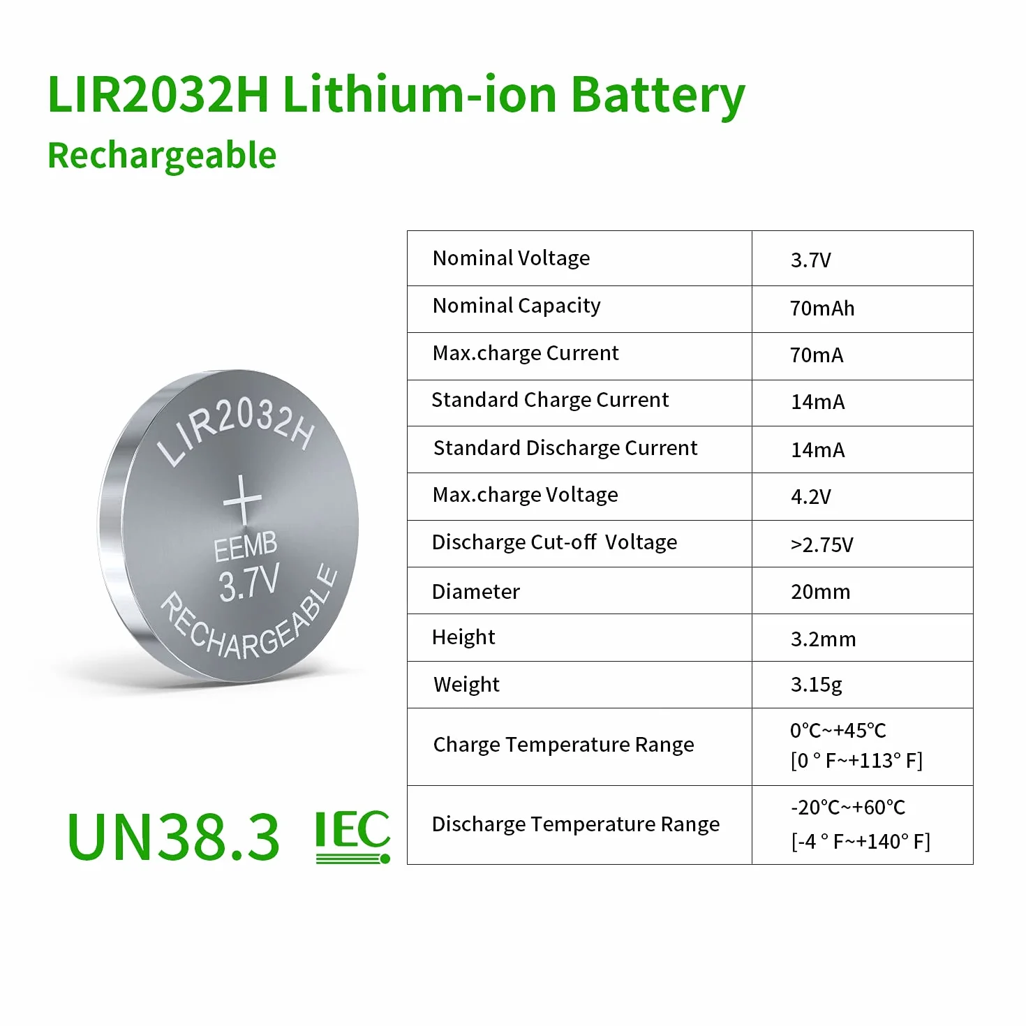 4PCS EEMB LIR2032H Akumulator 3.7V Akumulator Litowo-jonowy Przycisk Cell Baterie 70mAh